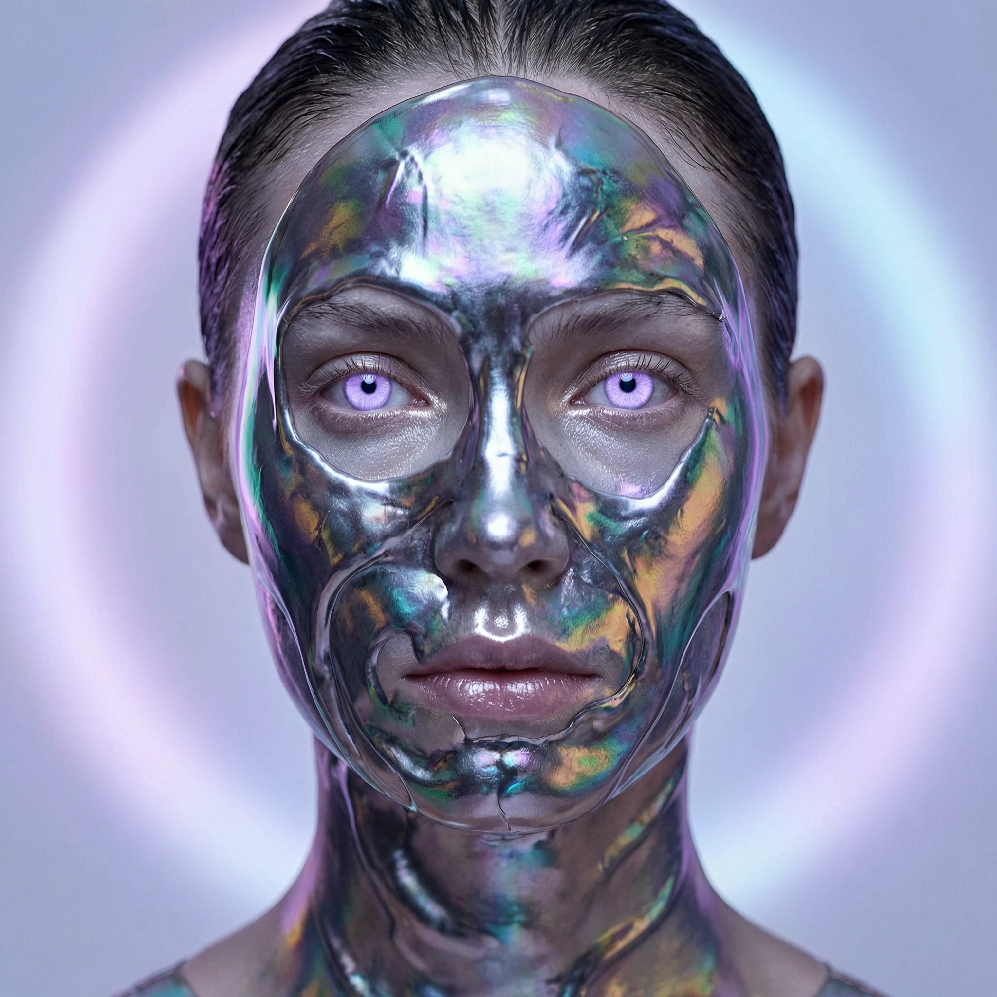Close-up portrait of a model whose face is partially covered in flowing liquid metal or an iridescent, second-skin-like substance. She has otherworldly, light purple eyes and stares directly into the camera. The background is completely blurred out, leaving only a soft halo of light. The lighting is even and ethereal, as if from a bioluminescent source. Inspired by the style of Nick Knight, the image emphasizes surreal textures and subtle color gradients, exceptionally sharp, with breathtaking detail, 16K.\n