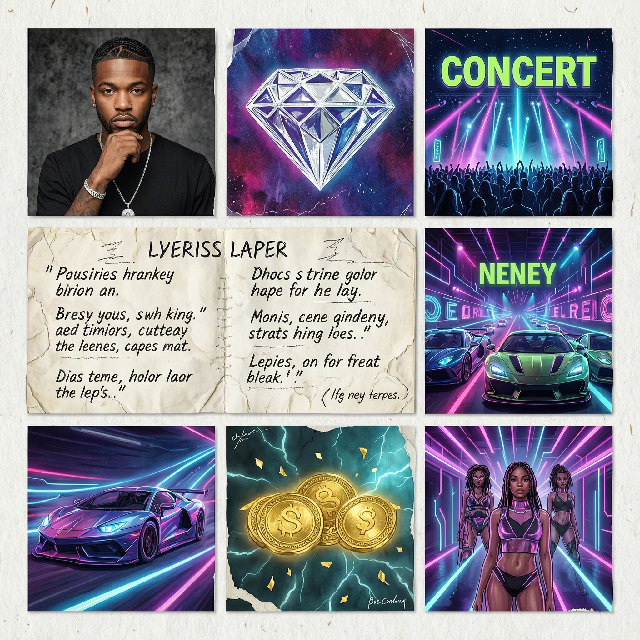 A mix collage with rapper, diamond, concert, neons, scratch paper, lyrics on paper, racing cars, money, and girls with a futuristic vibe
