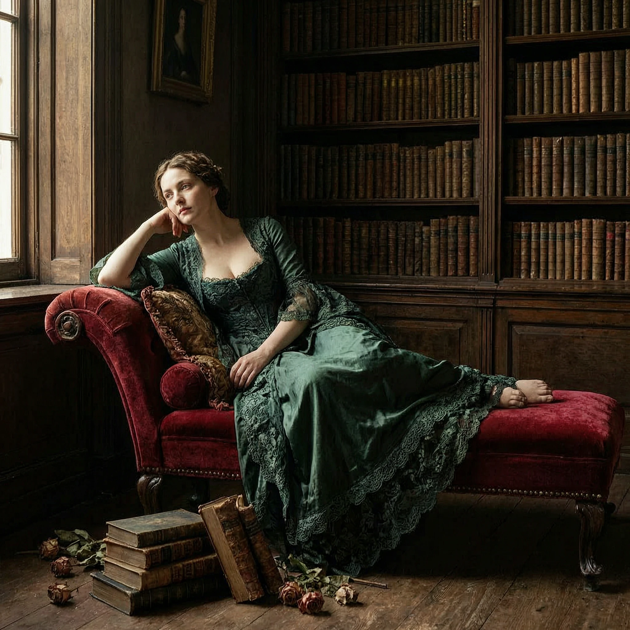 A fair-skinned model with classical beauty, lounging on a velvet chaise lounge, surrounded by old books and withered roses. She is wearing a baroque-style lace gown, her expression is languid and contemplative. The scene is a dim, old library, with a single stream of Rembrandt-style light from a side window illuminating her face and figure. Composition inspired by a John William Waterhouse painting, rich in narrative. The overall tones are deep and heavy, with strong chiaroscuro, creating an oil painting texture and detail.