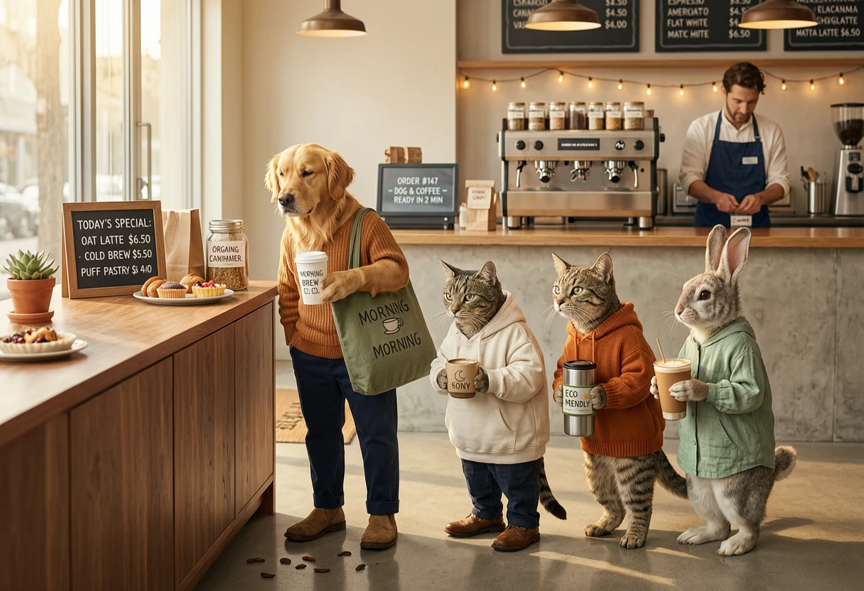 a group of animals standing in line to buy coffee, side view, anthropomorphic animals, a dog, a cat, a raccoon and a rabbit waiting in a queue, holding coffee cups, modern coffee shop counter, barista in background, casual daily scene, natural behavior, soft morning light, realistic environment, cinematic composition, 35mm photography, shallow depth of field, warm tones, high detail, ultra realistic