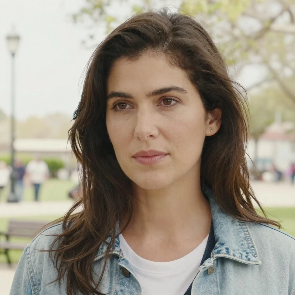 A realistic, high-resolution photograph of an American woman, captured in natural daylight with soft, diffused lighting that enhances her features gently. She is positioned in a candid, relaxed pose—standing outdoors near a park bench, wearing casual, contemporary clothing: a light blue denim jacket, a white t-shirt, and dark jeans. Her long, wavy brown hair falls loosely over her shoulders, and she has a subtle, thoughtful expression as she looks slightly off-camera. The background is softly blurred (shallow depth of field), with hints of greenery, a distant streetlamp, and a few passing pedestrians. Shot on a full-frame DSLR with a 50mm prime lens, emphasizing natural textures, skin tones, and environmental detail. Cinematic composition, eye-level shot, natural color grading, and a subtle film grain texture for authentic photographic realism.