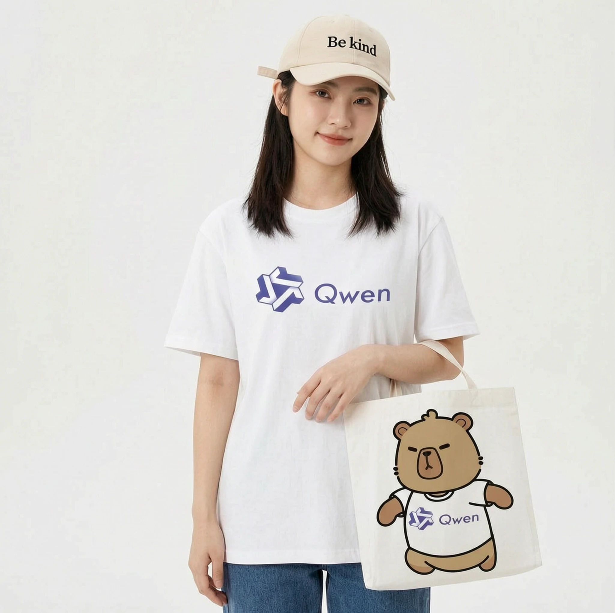 Print this pattern on a T-shirt and a paper tote bag. A female model is showcasing these items. The girl is also wearing a baseball cap with the words 'Be kind' written on it.