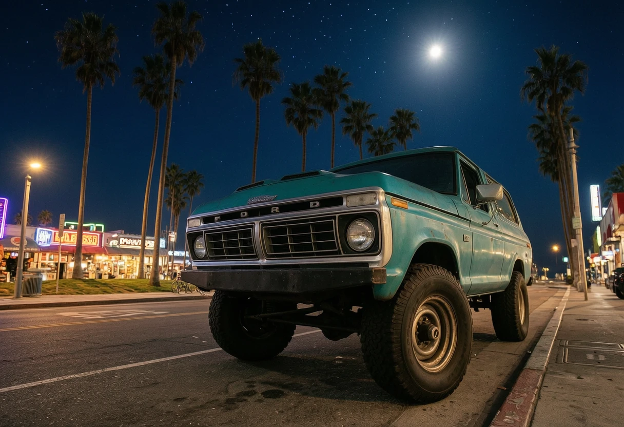 vintage Ford Bronco parked on a street with palm trees, low angle wide shot, Venice Beach style, nighttime scene, deep blue night sky with stars, soft moonlight, street lights glowing, warm artificial lighting reflecting on the car, cinematic contrast, realistic shadows, urban night atmosphere, neon signs and subtle city lights in background, 35mm photography, ultra realistic, high detail, 4k