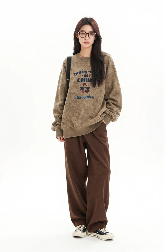 Transform into a long-haired woman wearing glasses, dressed in the same clothes, posing in the same way.