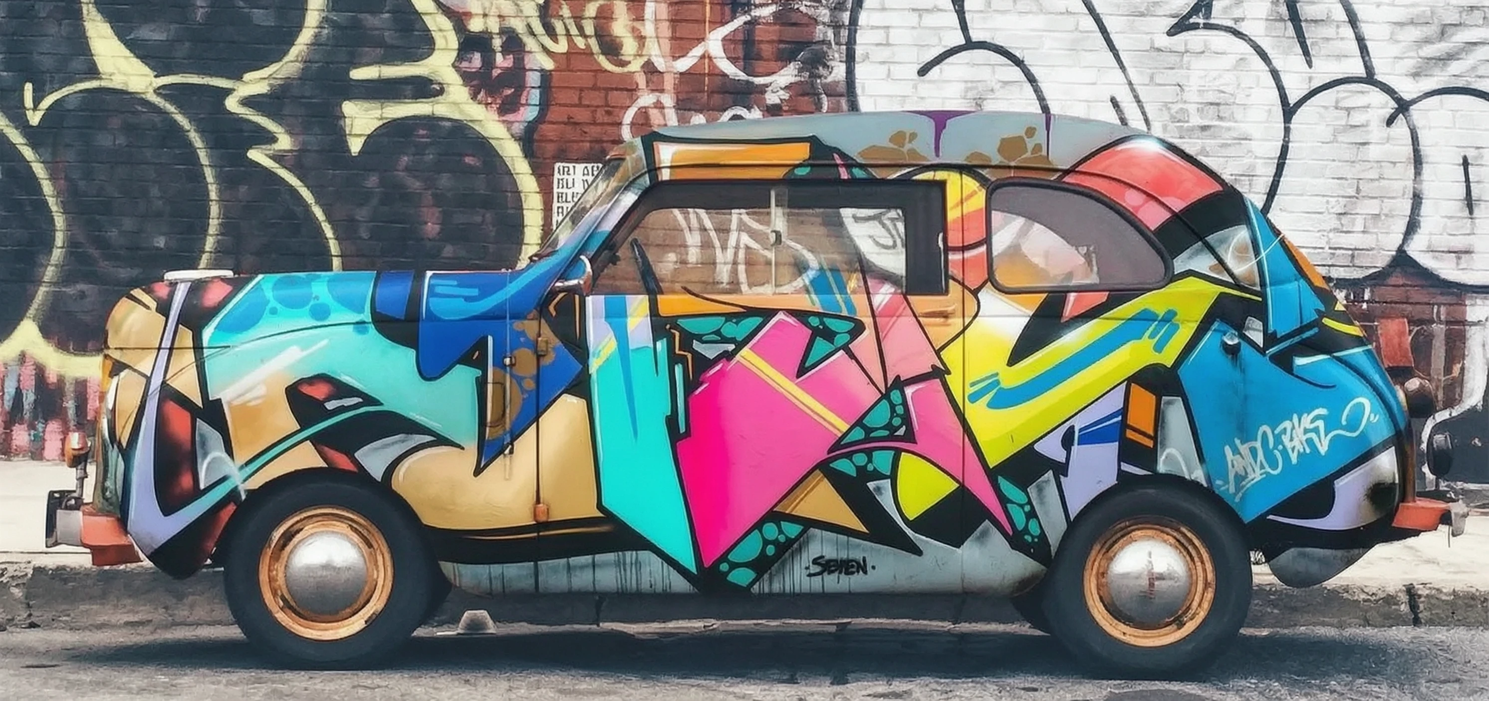 Spray paint the graffiti from Figure 2 onto the car in Figure 1.