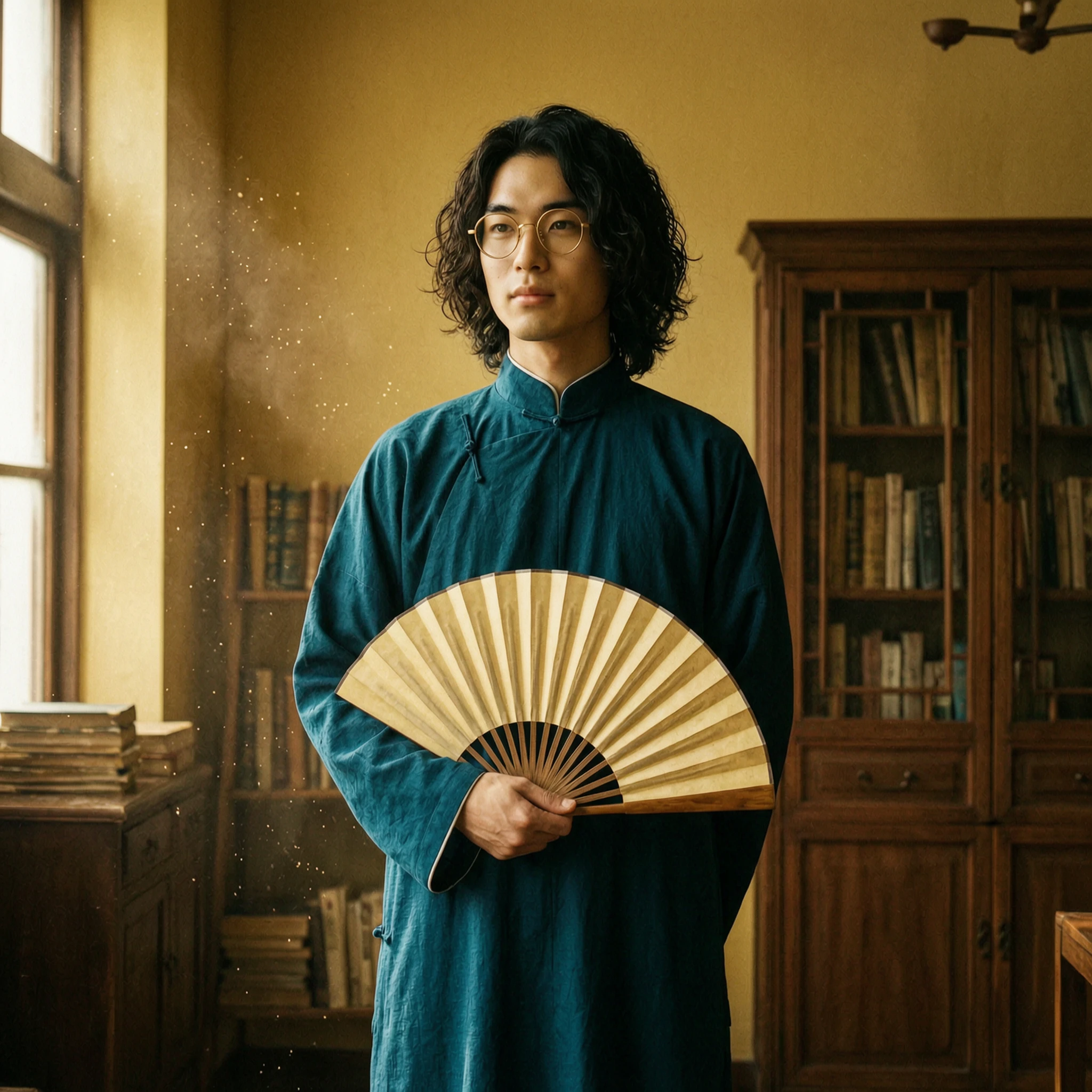 [Basic Facial Description] The character's appearance is based on Reference Figure 1, wearing a dark cyan long gown, round gold-rimmed glasses, and holding a folding fan. The background is an old Shanghai study room with wooden bookshelves, warm yellow tones, vintage film texture, soft side lighting, dust particles dancing in the light beams, cultural atmosphere, quiet and restrained. Shot on Hasselblad medium format, 85mm lens, high resolution, cinematic color grading, Wong Kar-wai style.
Props: Folding fan / Thread-bound book / Round-frame glasses
Color Palette: Warm yellow / Dark cyan / Sepia
