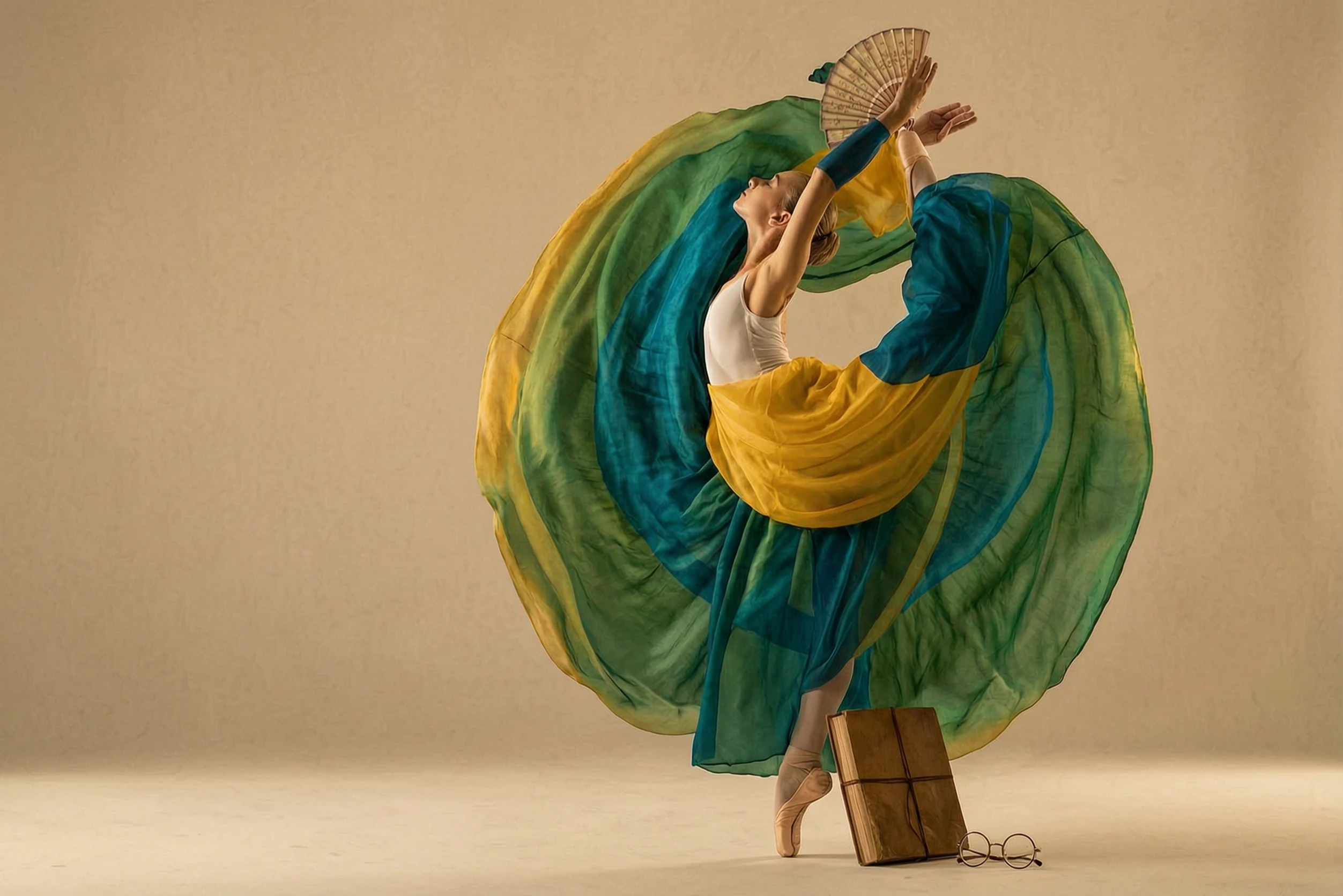 Color-match the skirt in Figure 1 according to the colors of the bird in Figure 2, full of artistic sense, keeping the clothing style unchanged and the model unchanged.Props: Folding fan / Thread-bound book / Round-frame glasses
Color Palette: Warm yellow / Dark cyan / Sepia