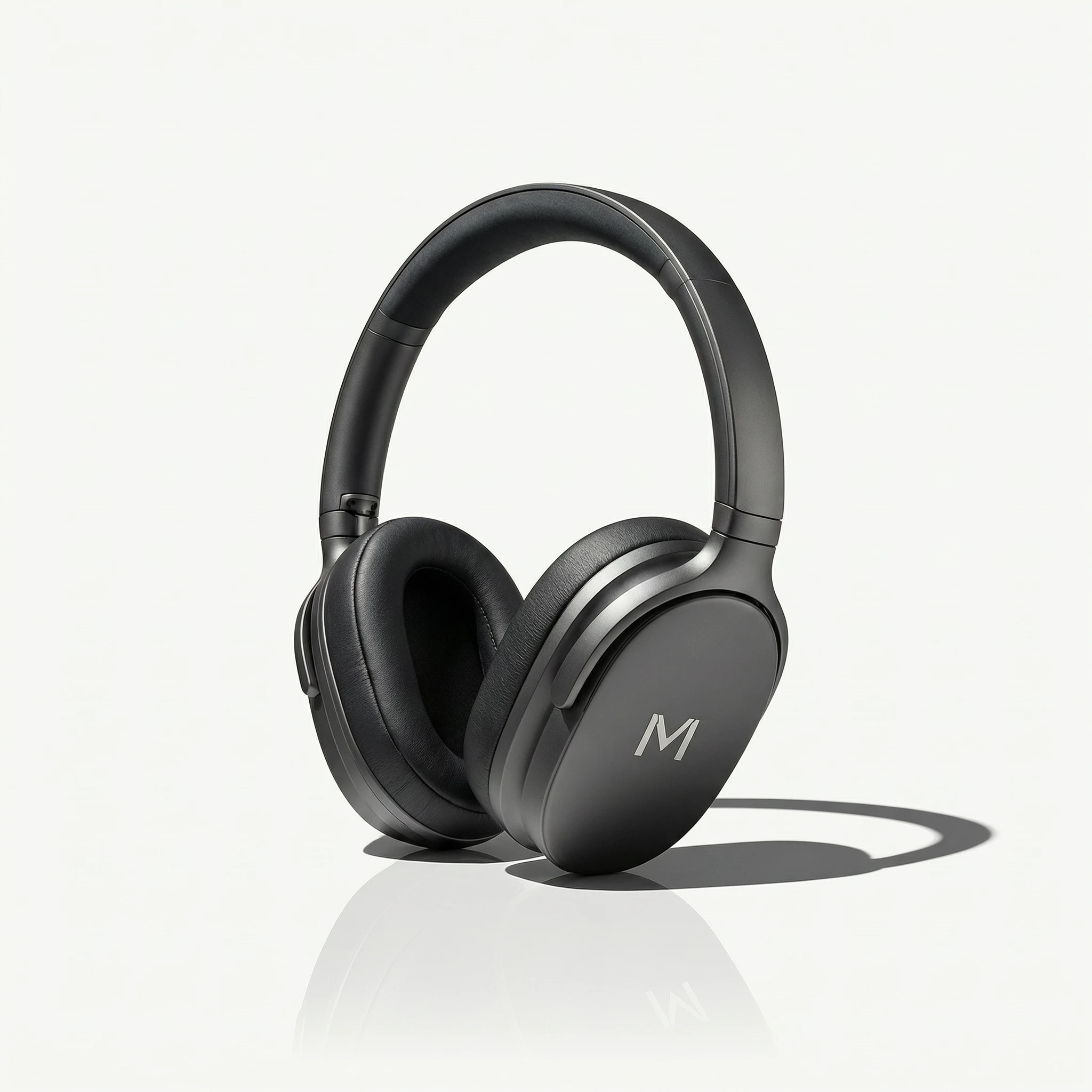 [High-end Wireless Headphones], centered on pure white background, studio high-key lighting, crisp hard shadow, commercial packshot, 35mm perspective, ultra-sharp details, subtle floor reflection, dust-free, 8k, realistic product photography