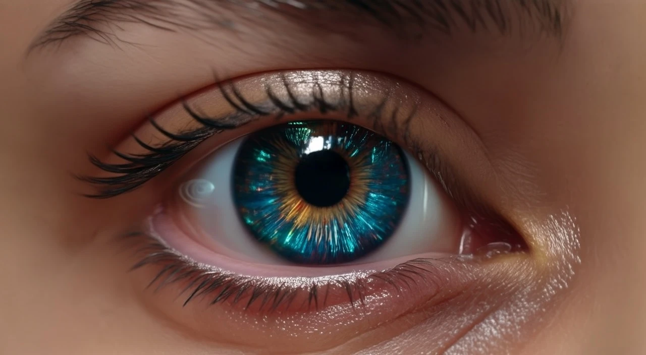Futuristic eye close-up, glowing reflections in the iris, subtle cyberpunk elements, dark background, ultra-detailed, realistic sci-fi aesthetic, cinematic lighting