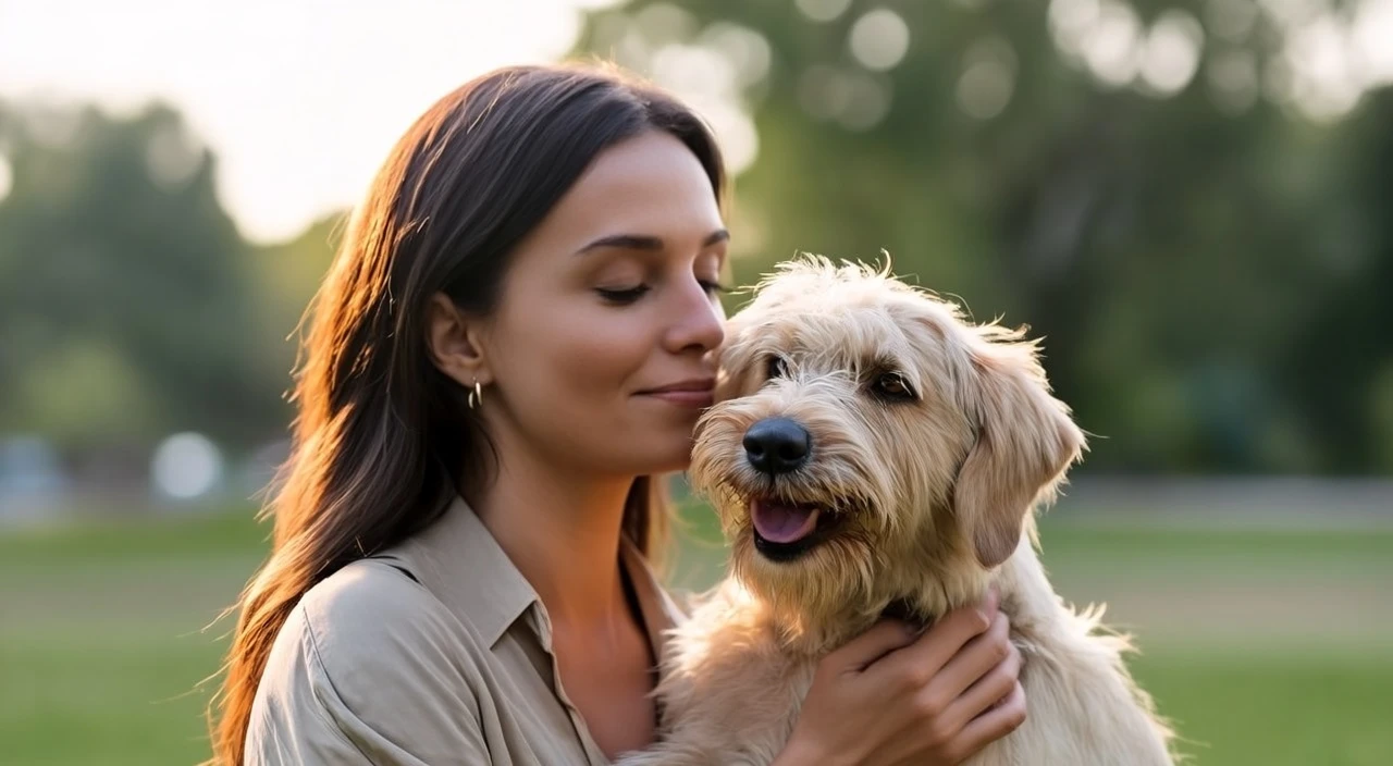 Cozy outdoor lifestyle scene with a person holding a small dog, warm and intimate interaction between the person and the pet, natural and relaxed facial expression, soft natural sunlight, park or grassy outdoor background with greenery, warm and gentle color tones, candid and unposed moment, clean composition, shallow depth of field, Fujifilm film look, soft contrast, natural skin tones, lifestyle photography style, realistic lighting, film-like texture, heartwarming atmosphere1,Fujifilm color science, film photography, subtle film grain, soft highlights, muted colors, low contrast, natural greens, pastel tones