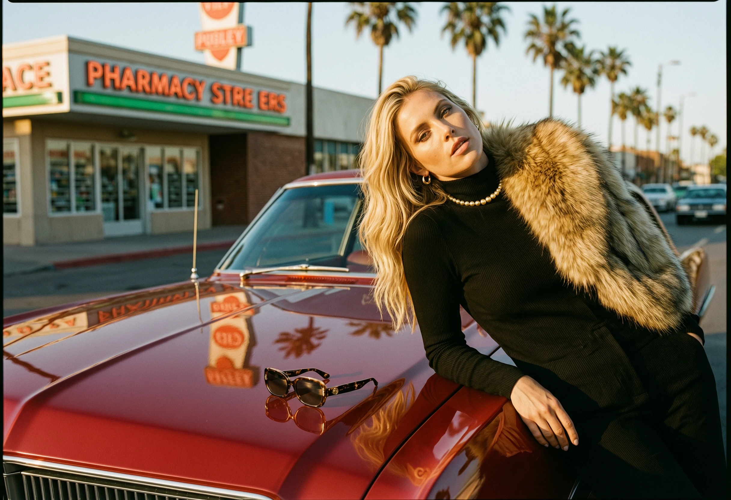 cinematic fashion editorial, blonde woman leaning on a glossy red car hood, reflection on surface, golden hour sunlight, dramatic shadows, retro american street, pharmacy sign in background, palm trees, shallow depth of field, high fashion styling, fur detail on shoulder, jewelry and sunglasses on car, confident expression, slightly parted lips, moody atmosphere, film photography look, rich contrast, warm tones, ultra realistic, 35mm lens, editorial photography, vogue style, sharp focus, highly detailed