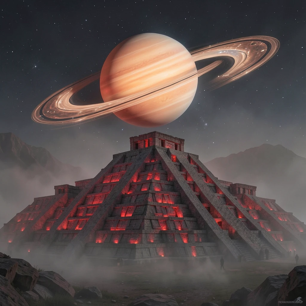 ancient monumental Teotihuacán pyramids illuminated by red lights, in the sky a giant Saturn suspended in the sky, sculptural and non-astronomical, with rings of liquid metal, futuristic yet archaic, evoking a sacred portal rather than a planet, little light fog, cinematic depth and atmospheric perspective, minimal composition with large clean negative space for typography