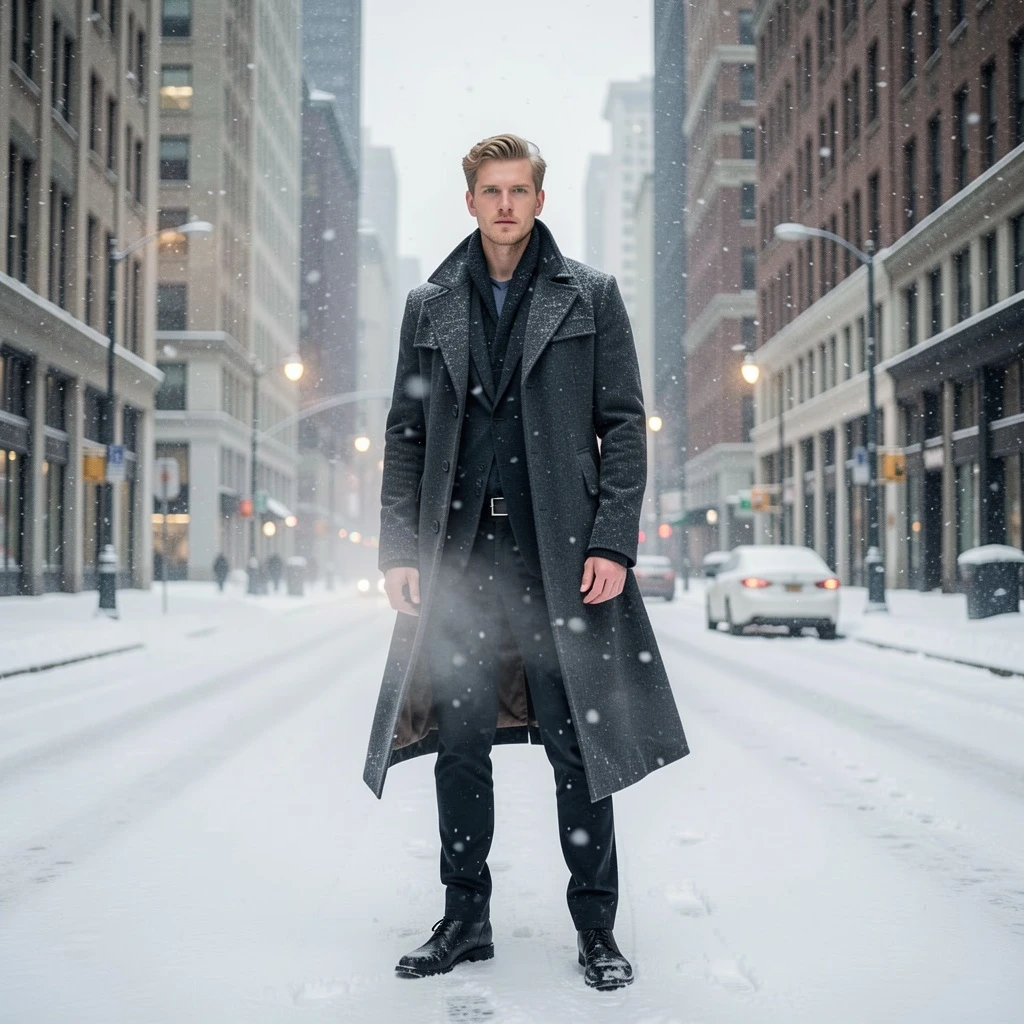 A full-body editorial fashion photoshoot featuring a white male model with green eyes, standing on a wide city avenue lined with tall urban buildings in winter, heavy snowfall dominating the scene, snow-covered streets and sidewalks, icy air visible in breath, overcast winter sky with soft diffused daylight, cool muted color palette, cinematic lighting with gentle rim light through falling snow, high-fashion winter wardrobe with structured silhouettes and flowing fabrics, wind-driven snow adding motion, elegant and dramatic mood, ultra-realistic photography, shallow depth of field, subtle bokeh background, Vogue-style editorial aesthetic, atmospheric urban winter setting