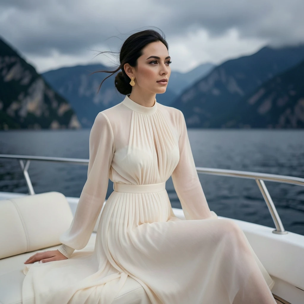 elegant woman sitting on the front of a yacht, flowing ivory chiffon gown with long sleeves and high neck, soft pleats, cinched waist, fabric blowing in the wind, cinematic fashion photography, moody overcast sky, dramatic mountains and cliffs in the background, lake or sea setting, calm luxury atmosphere, natural makeup, gold statement earrings, dark hair in a low loose updo, editorial Vogue style, shallow depth of field, soft natural light, muted colors, ultra realistic, high detail, 85mm lens