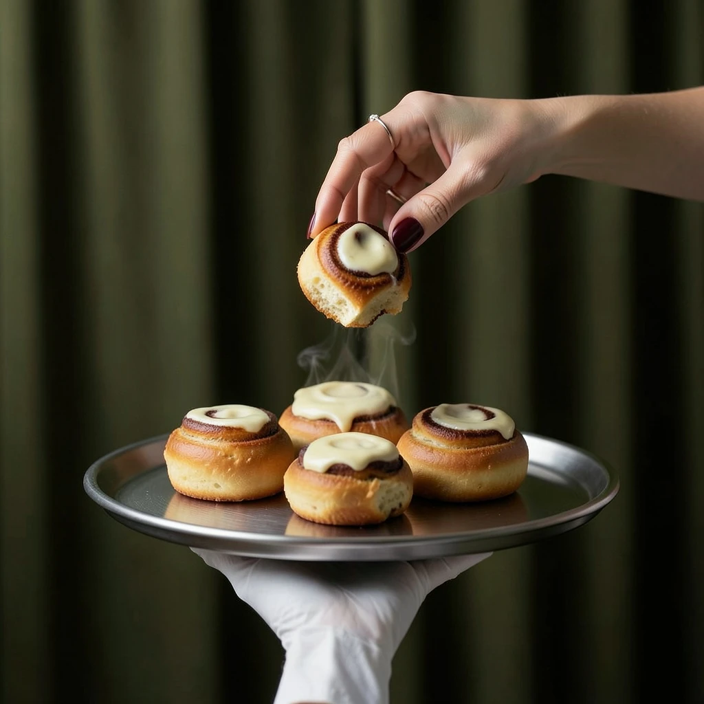 Luxury brand editorial photograph, identical composition and color mood, deep olive-green fabric drapery background with soft vertical folds, same tone and texture, theatrical studio setting, a white-gloved hand from below holding a round brushed metal serving tray, perfectly centered, on the tray a minimalist arrangement of classic Cinnabon cinnamon rolls, warm golden-brown dough, thick cream cheese icing, subtle steam, above the tray an elegant female hand with dark red manicure and delicate ring gently reaching down to take one cinnamon roll, frozen refined gesture, identical lighting direction, soft cinematic shadows, muted luxury color palette of olive green, cream, brown and silver, high-end fashion brand aesthetic, museum-like stillness, realistic photography, no illustration, no CGI, no cartoon, vertical composition