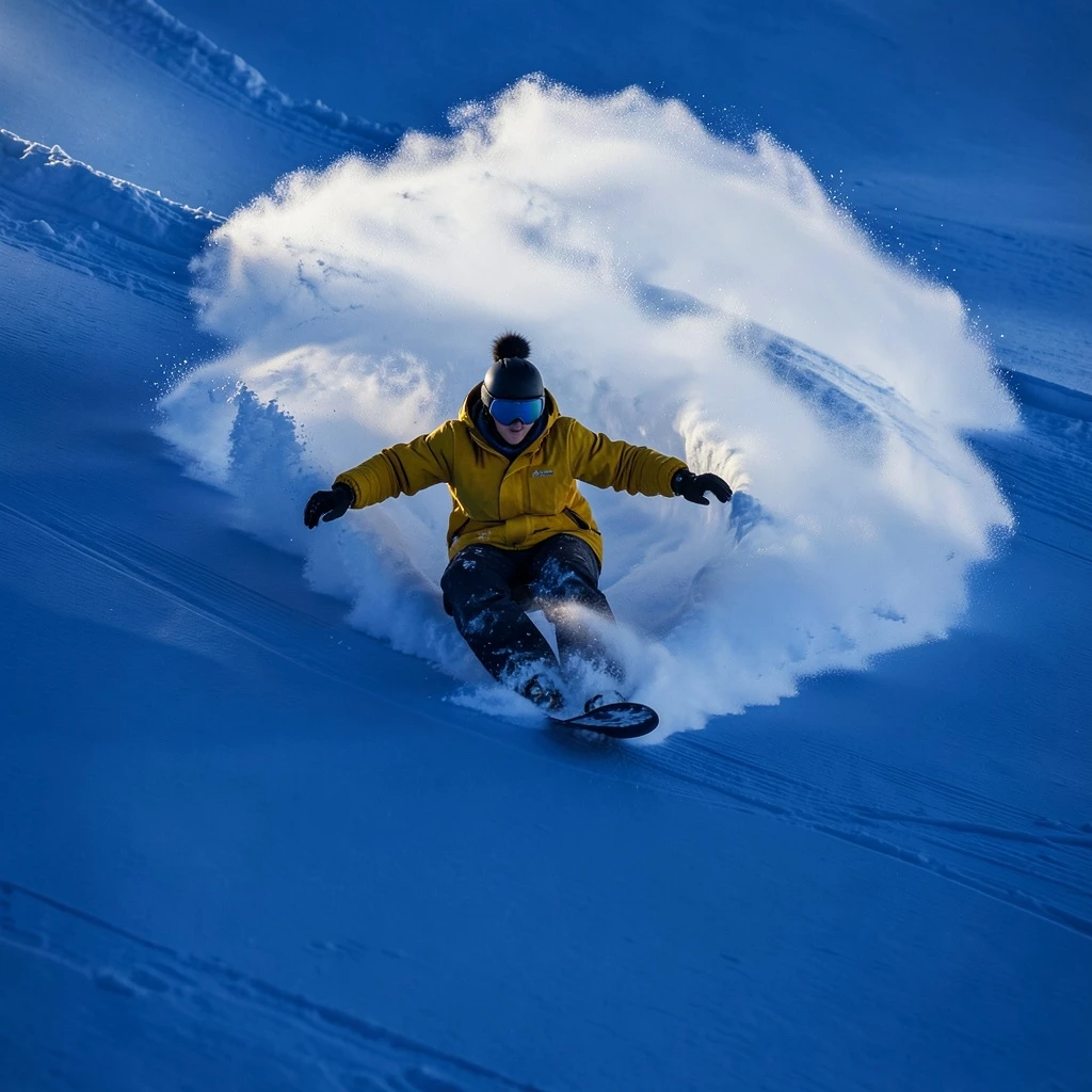 a snowboarder carving through powder, leaving behind an arc of white on the pristine surface of deep blue snow. award-winning photography, in the style of realistic photography.