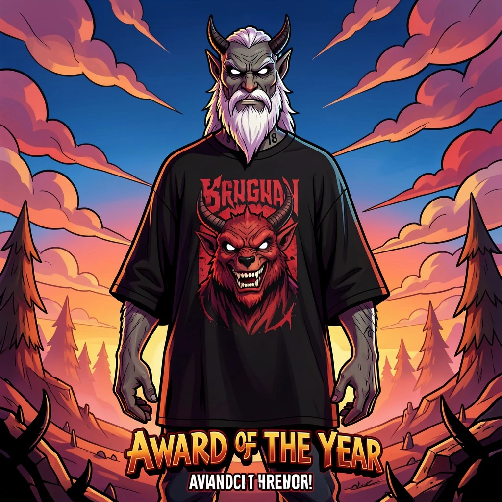full body Animation Cartoon werewolf man with long white beard wearing black drop shoulder oversize Graphic T shirt and , satan demonic style , evil mode, white eyes, tattoo number 18 on neck , looking to the eyes the sky, concept artt, award of the year, wide view, insanely detailed, comic 3d Render, thick outline stroke , poster style,vivid background