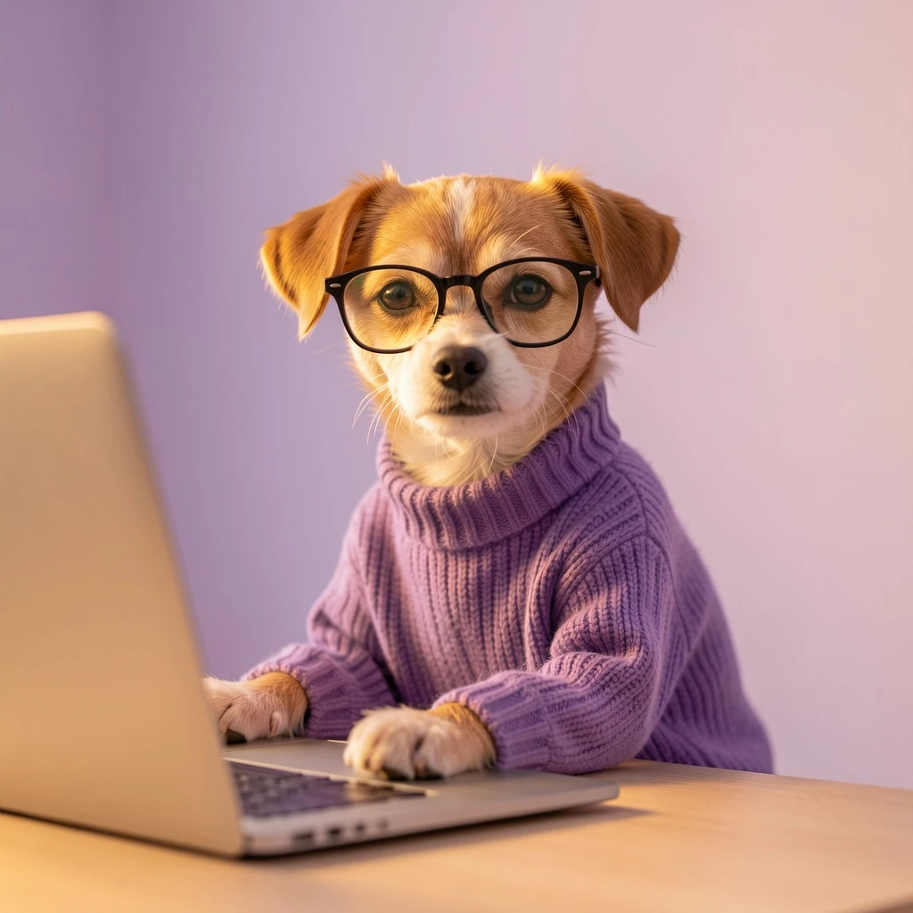 a small intelligent dog wearing glasses and a purple knit sweater sitting at a laptop, looking at the camera as if welcoming the viewer, soft warm lighting, background in pastel lilac tones, minimalist setup, cozy and photorealistic style, cinematic composition, shallow depth of field, style photographic