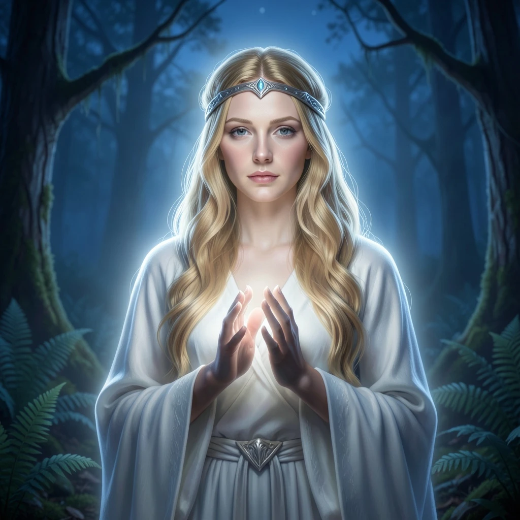 Core Theme: A divine close-up of Galadriel, the Elven Queen from "The Lord of the Rings," set in an elven sanctuary in a dark forest at night, combining elegance, purity, and solemn divinity. Character Details: Faithfully recreating Galadriel’s image long golden curls, a white, flowing elven robe (with soft, draping folds), elven-style headband accessory; hands raised in a solemn gesture, emanating a gentle white glow, with a serene and ethereal expression, fully conveying the divine aura of elven royalty. Scene Elements: A dimly lit forest at night, with a deep blue night sky as the background, surrounded by trees and ferns, creating a tranquil and secluded woodland atmosphere. Lighting and Mood: Cold blue nighttime tones as the base, with the character emitting warm white light to create a soft contrast between light and shadow; the light is hazy and envelops the divine presence, producing a solemn, ethereal, and sacred mood. Art Style: Movie-level realistic texture inspired by "The Lord of the Rings," in a fantastical epic cinematic style, with ultra-detailed rendering (robe textures, hair gloss, light diffusion), delicate realistic brushwork, medium-close-up perspective (highlighting the Elven Queen’s divinity and elegance).