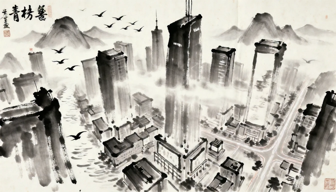Transform this cyberpunk cityscape into a traditional Chinese ink wash painting. The skyscrapers become misty mountain peaks, neon reflections become river surfaces, light trails become birds in flight. Monochromatic ink tones, rice paper texture, loose expressive brushstrokes, Song Dynasty aesthetic. Preserve the original composition and spatial depth.