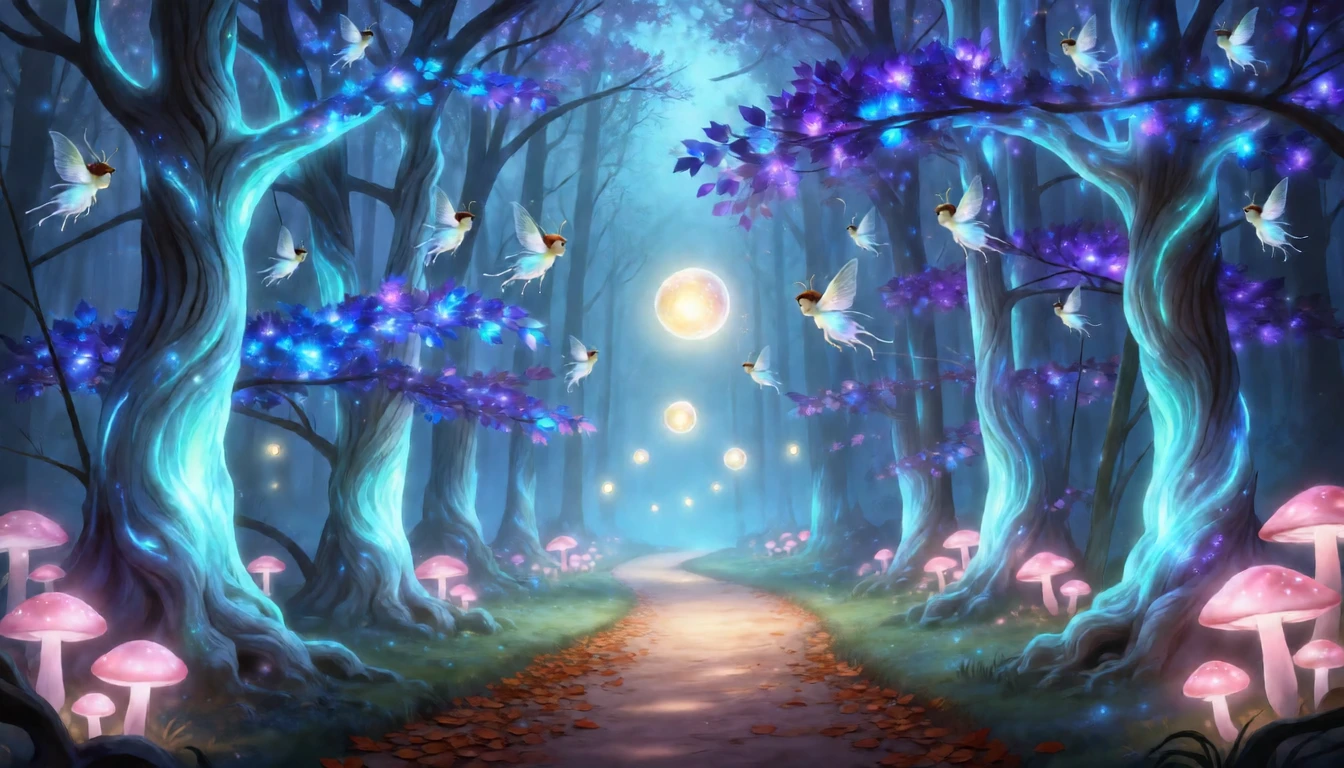 Transform this forest into a magical fantasy realm. Trees become ancient luminescent entities with glowing bark, leaves shimmer with bioluminescent blue and violet light, small fairies drift between the branches, mysterious floating orbs light the path, mushrooms with soft pink glow line the edges. Maintain the original path composition and tree structure. Epic fantasy illustration style, rich and otherworldly.