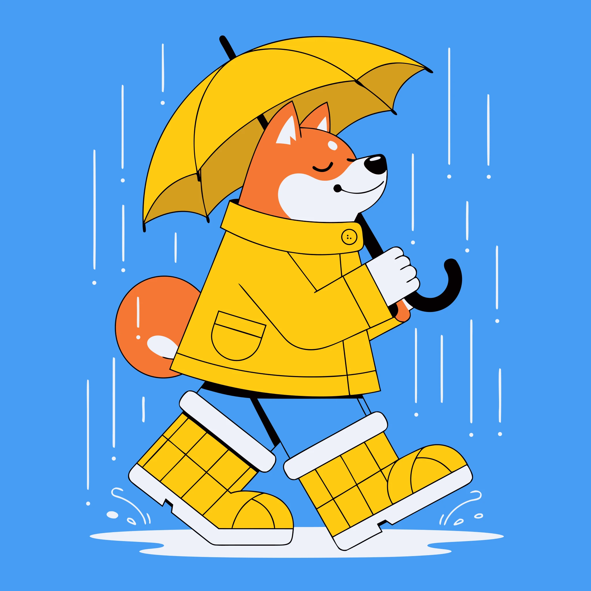 A cute character shiba inu wearing a yellow raincoat and rain boots, 3d flat color, design, holding a small umbrella, happy expression