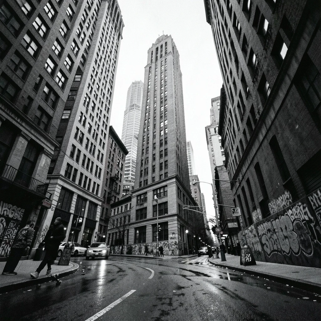 Black and white photo of New York City, skate culture aesthetic, strong focus on tall buildings and urban architecture, low angle perspective, gritty street vibe, raw and authentic mood, high contrast, grainy film photography, underground skate scene feeling, cinematic composition, moody lighting, urban attitude