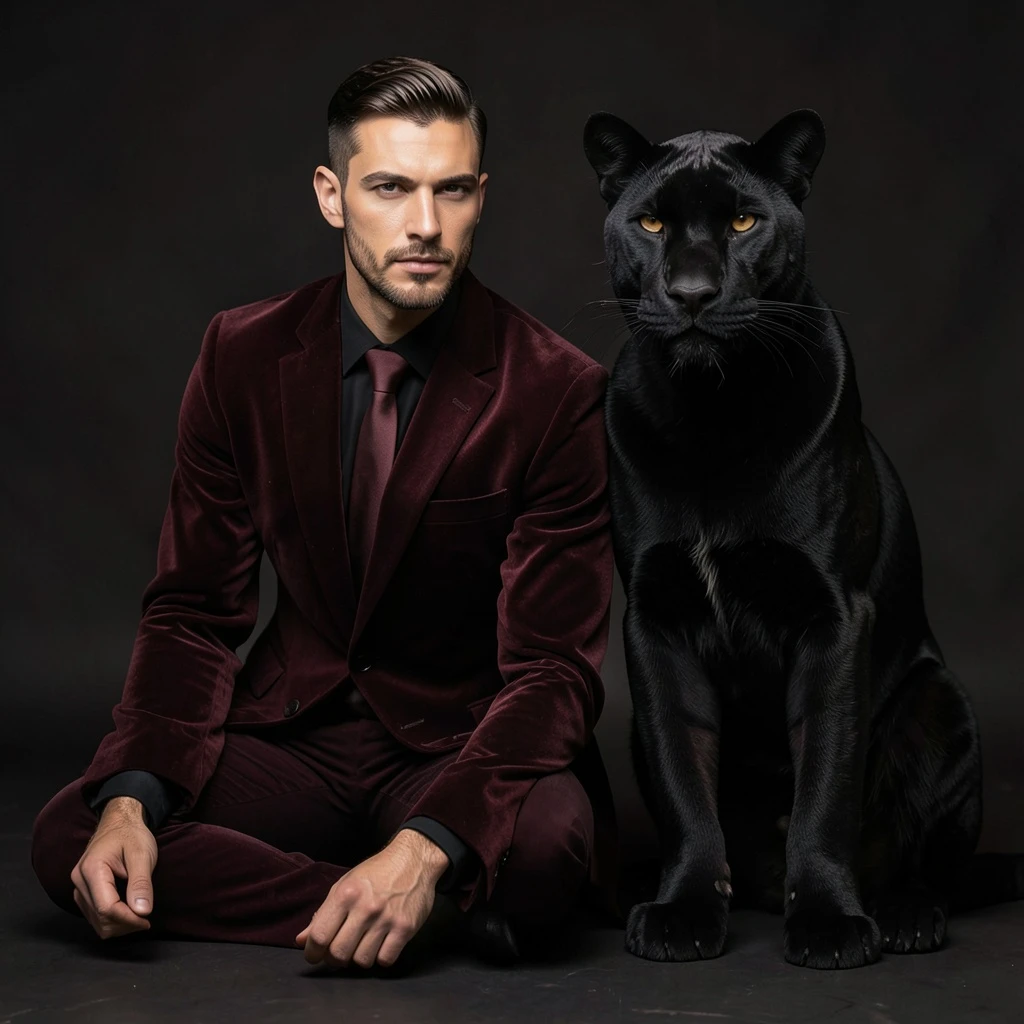 A man with a sleek, sculpted face, dressed in a matte burgundy velvet suit. A large velvet-textured black panther (wine tint) sitting beside him. Editorial, dramatic, ultra-premium light.