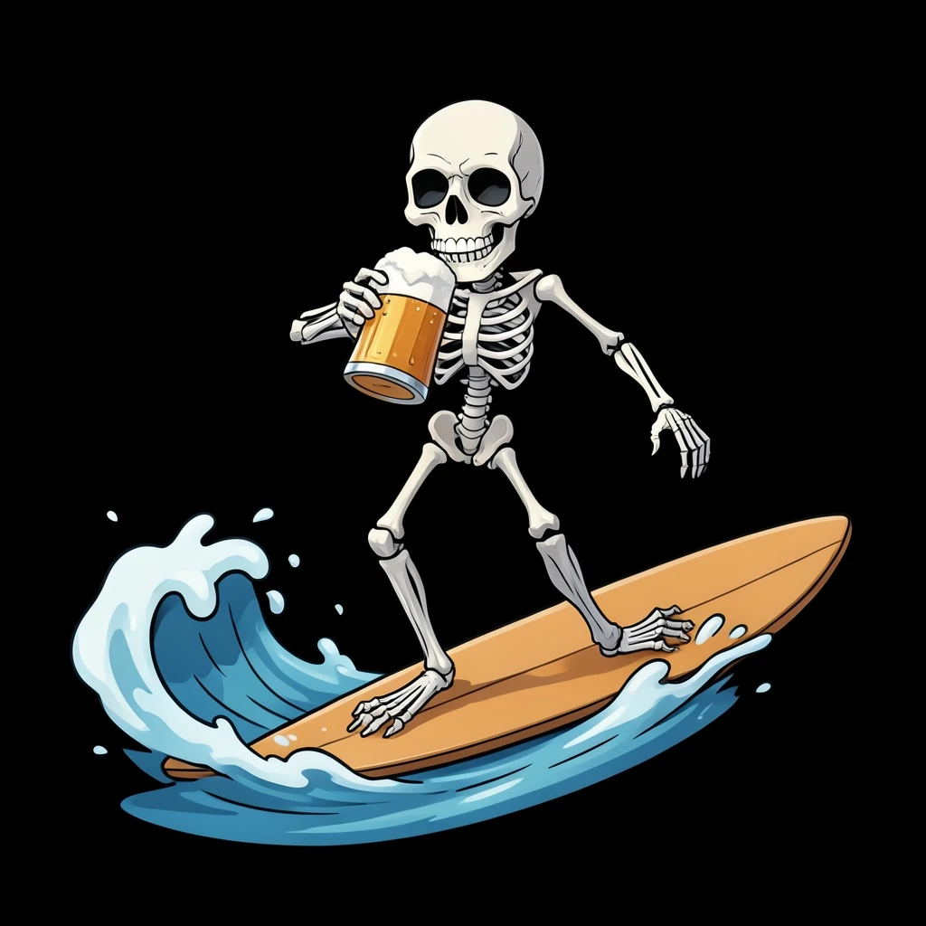 a skeleton surfing while drinking a beer in a cartoonish style, large resolution and high quality, on a black background