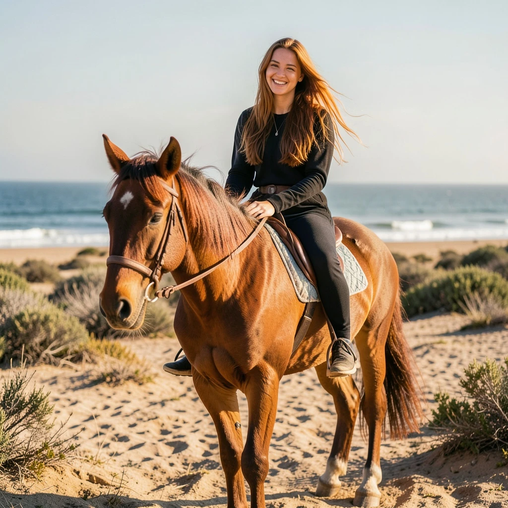 A beautiful girl, 29-35 years old, European-looking, kind, spontaneous, smiling, with long, thick, loose chestnut-colored hair (the hair has a slight reddish tint in the sun), riding a horse, in nature, a sandy landscape, the ocean is visible, and the girl and horse are visible in full growth, 85 mm lens, cinematic lighting, skin with pores and microtexture.