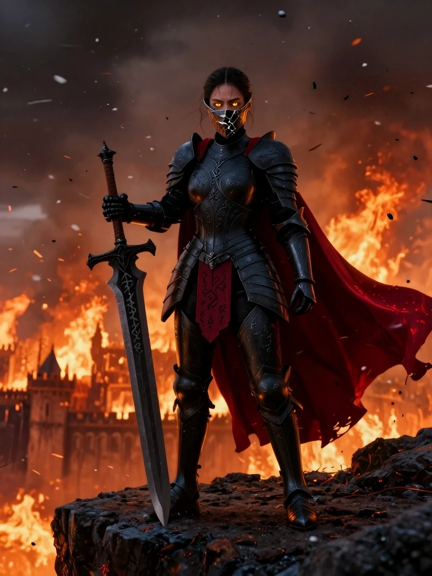 A female dark knight standing on a cliff edge overlooking a burning kingdom, full black plate armor engraved with demonic runes, a massive greatsword planted in the ground beside her, scarlet cape whipping in the wind, ash and embers falling like snow, face half-revealed under a cracked visor, piercing amber eyes, dramatic backlit by hellfire, cinematic wide shot, hyper-detailed, 8K