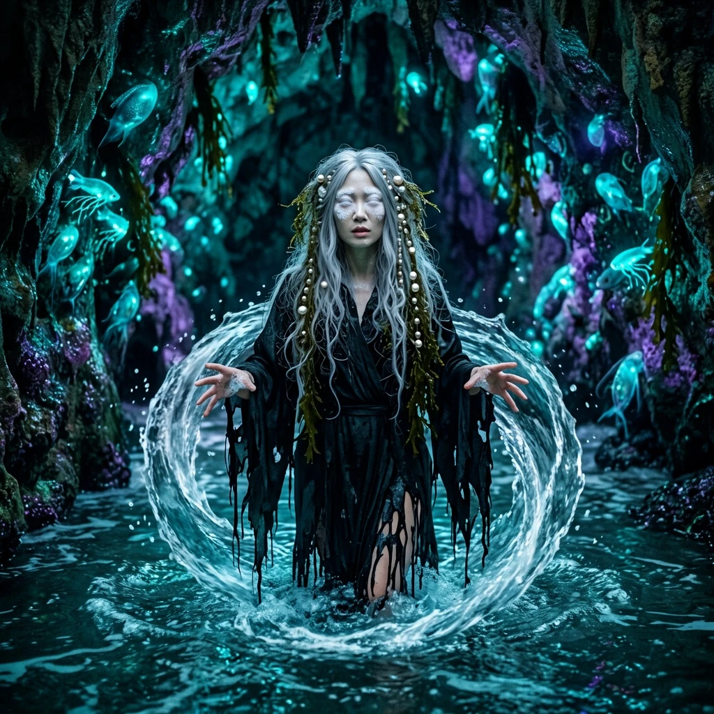 A sea witch standing waist-deep in a tidal cave, silver hair tangled with seaweed and pearls, eyes completely white like seafoam, a swirling vortex of saltwater orbiting her outstretched hands, bioluminescent sea creatures illuminating the cave walls, tattered black robes bleeding into the water, eerie teal and violet lighting, editorial fantasy photography style