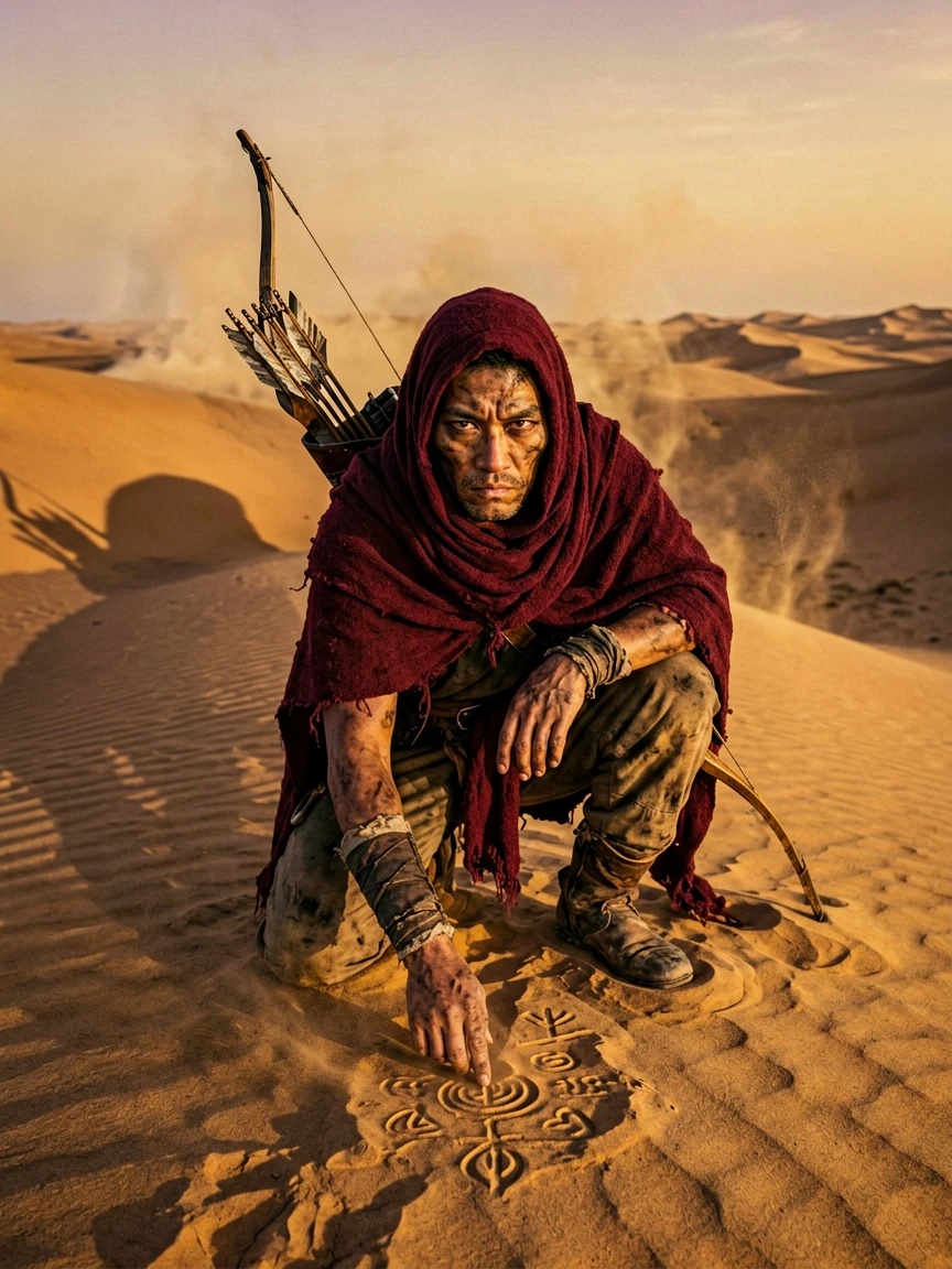 A weathered desert nomad hunter crouching on a sand dune at golden hour, face wrapped in deep crimson cloth revealing only sharp dark eyes, a compound bow slung over one shoulder, fingers tracing ancient markings in the sand, enormous shadow stretching behind him, heat haze distorting the horizon, National Geographic photography style, raw and visceral