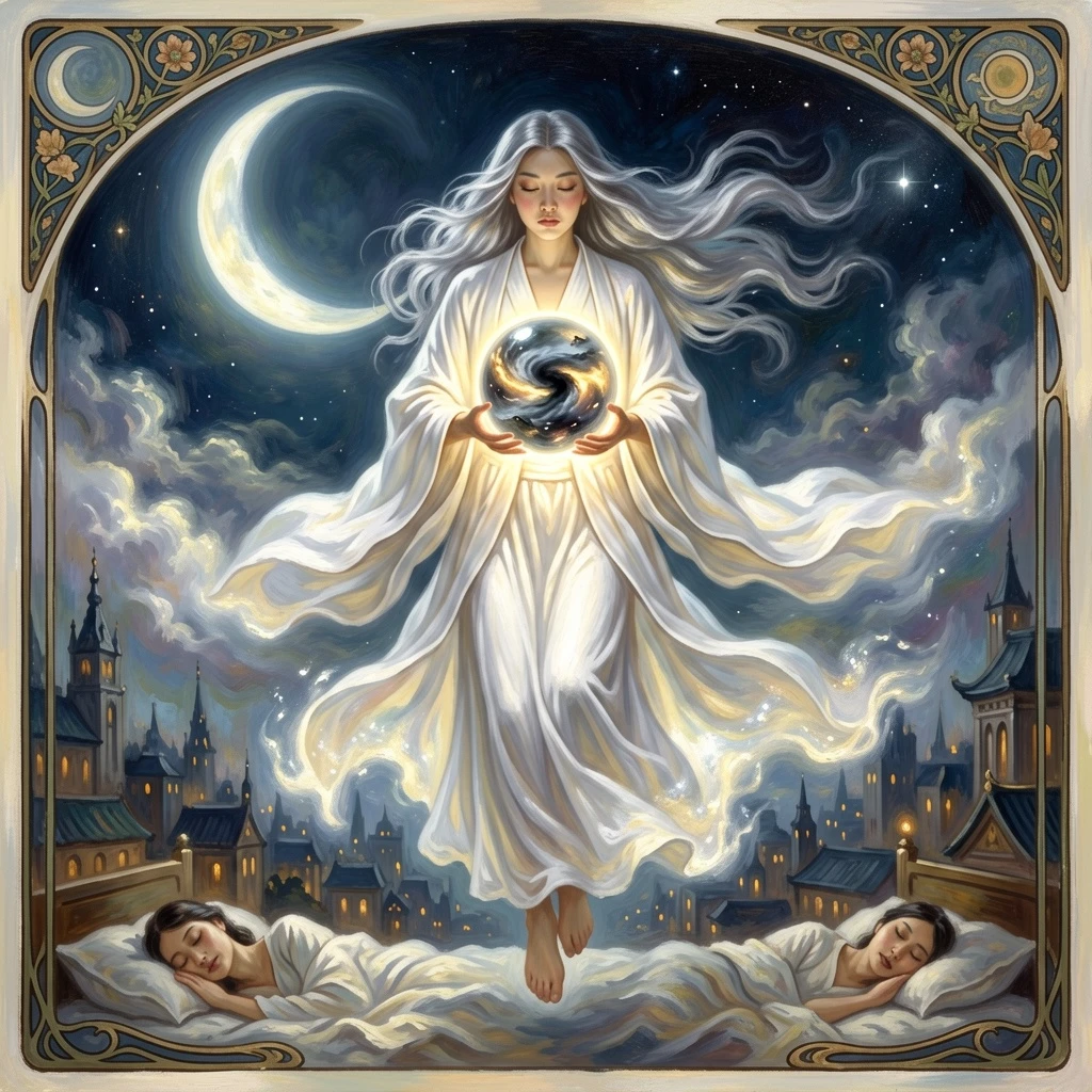 A celestial messenger descending from a crescent moon, gender-ambiguous figure draped in flowing white robes that dissolve into moonlight at the edges, long silver hair floating weightlessly, bare feet hovering above a sleeping city, holding a luminous orb containing a tiny storm, calm expression with closed eyes, painterly style blending Alphonse Mucha Art Nouveau with contemporary digital art