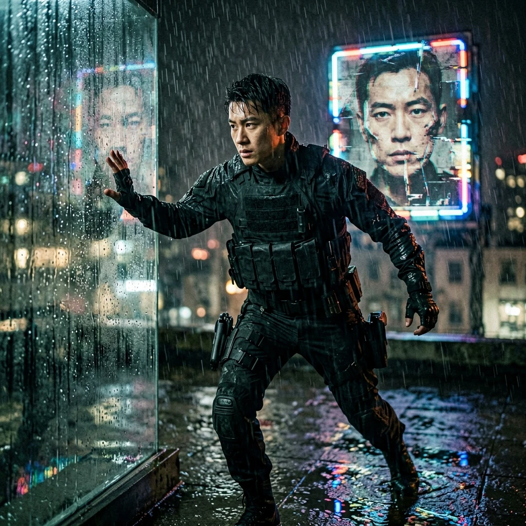 A lone assassin pausing mid-rooftop sprint, rain hammering down, body frozen as a distant neon sign flickers revealing their own wanted poster — they stare at their own face, fractured memory, gloved hand pressed against wet glass, black tactical outfit, expression unreadable, cinematic noir, anamorphic lens, shallow depth of field