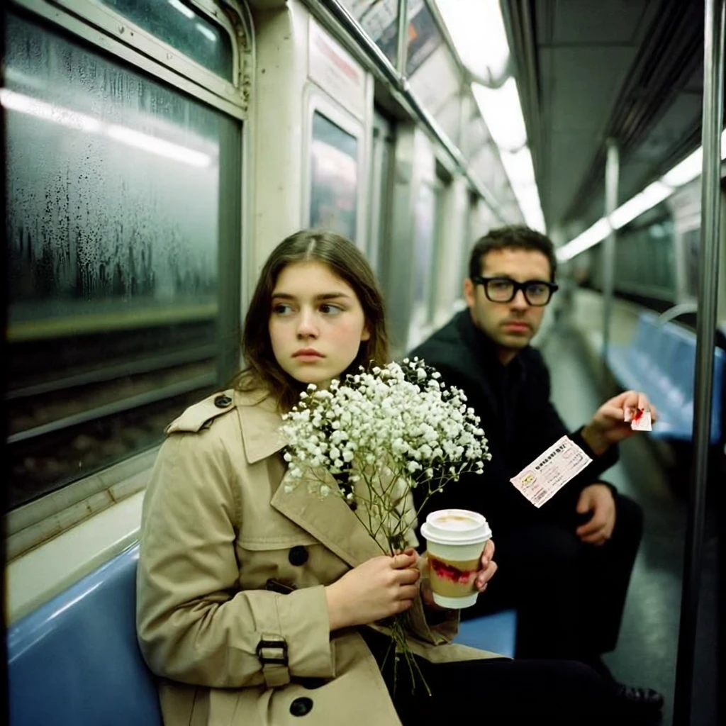 A young woman in a beige trench coat sits by the window of a nearly empty subway car at 11:47 PM, cradling a bouquet of white baby's breath that's begun to wilt. A faded lipstick print stains the rim of her half-finished coffee cup; her eyes gaze blankly at the tunnel lights streaking past. At the far end of the car, a man in black-framed glasses watches her quietly — a concert ticket slipping from between his fingers. Cold white fluorescent ceiling light, faint fog condensation on the window glass, subtle reflections, 35mm film grain, Kodak Portra 400 aesthetic, cinematic 2.39:1 widescreen.