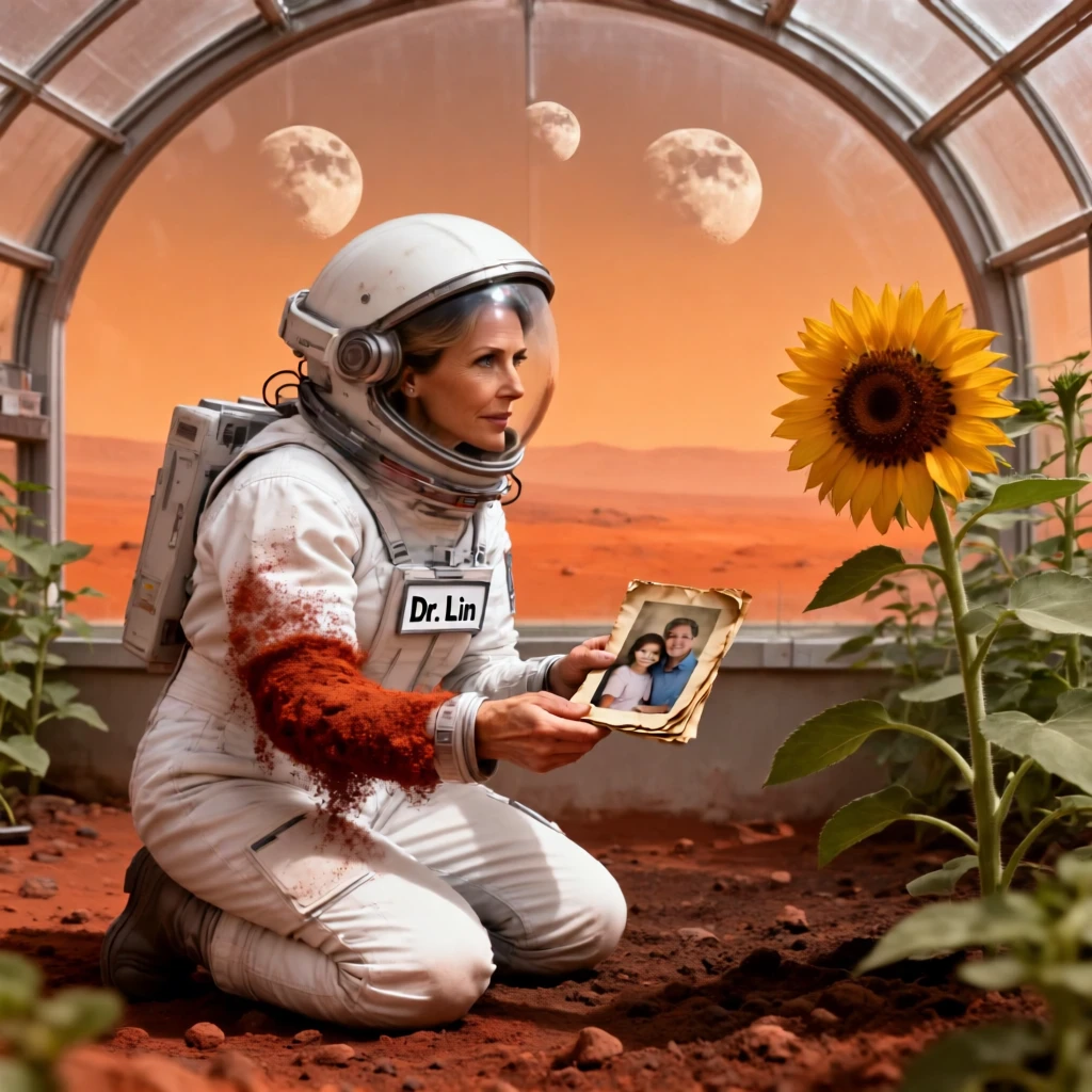 A Martian base greenhouse, 2089. An American female botanist in her 40s kneels on the soil, staring through her helmet visor at the first sunflower ever grown on another planet. Rust-red Martian dust clings to her white spacesuit sleeves; her name tag reads "Dr. Lin." Outside the greenhouse dome: an orange Martian horizon with two small moons rising. In her other hand, she grips a folded, well-worn family photograph. Grounded sci-fi realism, soft diffused light, emotional contrast between warmth and desolation.
