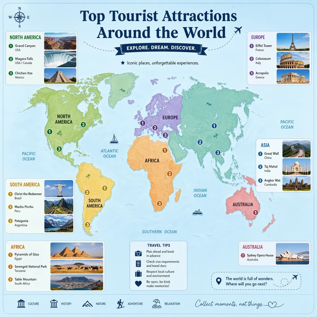 Generate a map of recommended tourist attractions around the world