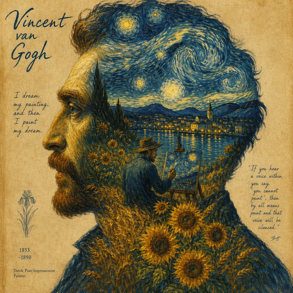 Vincent van Gogh style oil painting, side profile portrait of a man, double exposure composition, inside the silhouette a surreal landscape with swirling starry night sky, glowing stars, sunflowers and wheat field, a painter painting on canvas, small town by the lake with reflections, thick expressive brush strokes, post-impressionism style, vintage art poster design, textured paper background, warm yellow and deep blue contrast, highly detailed, artistic and emotional, high resolution