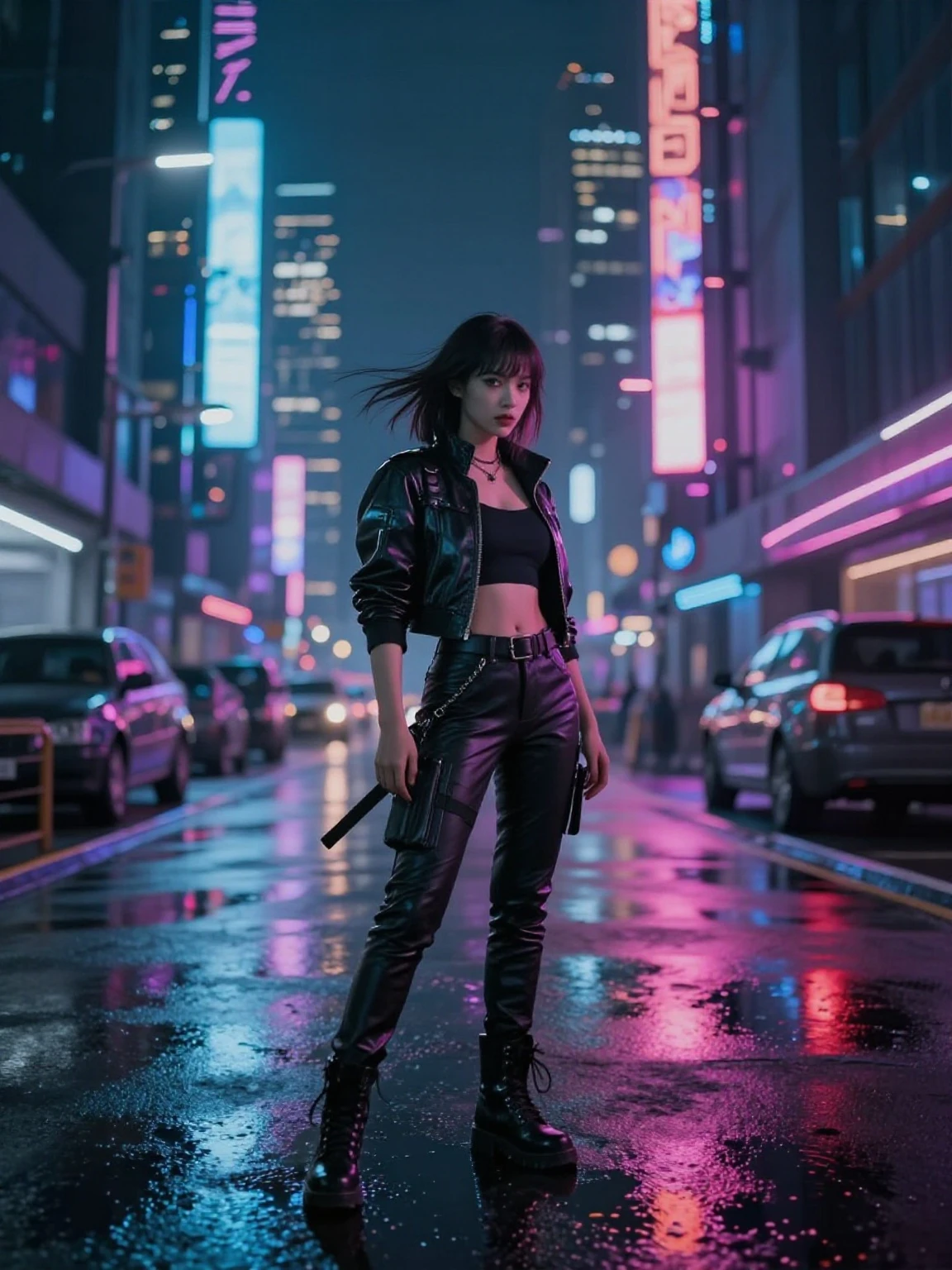 A cinematic cyberpunk heroine in a neon city, dramatic rim light, wet reflective streets. Keep the exact same body pose and framing as the reference. High detail, realistic motion feel.