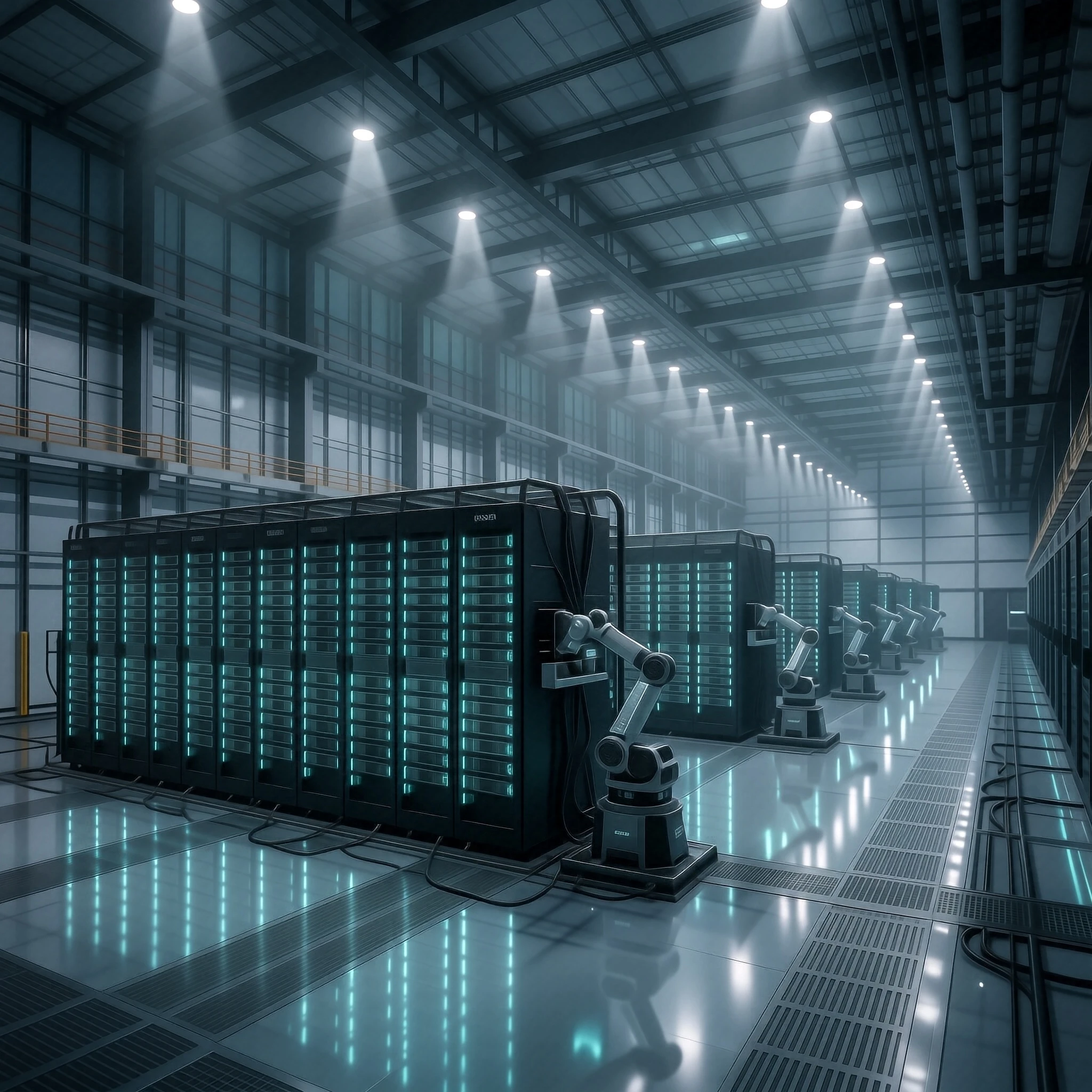 A massive near-future data center interior, rows of liquid-cooled server racks glowing with soft cyan light, robotic maintenance arms, reflective polished floor, cinematic volumetric lighting, ultra-detailed industrial design, realistic materials, wide-angle shot, high contrast, 8k, photorealistic