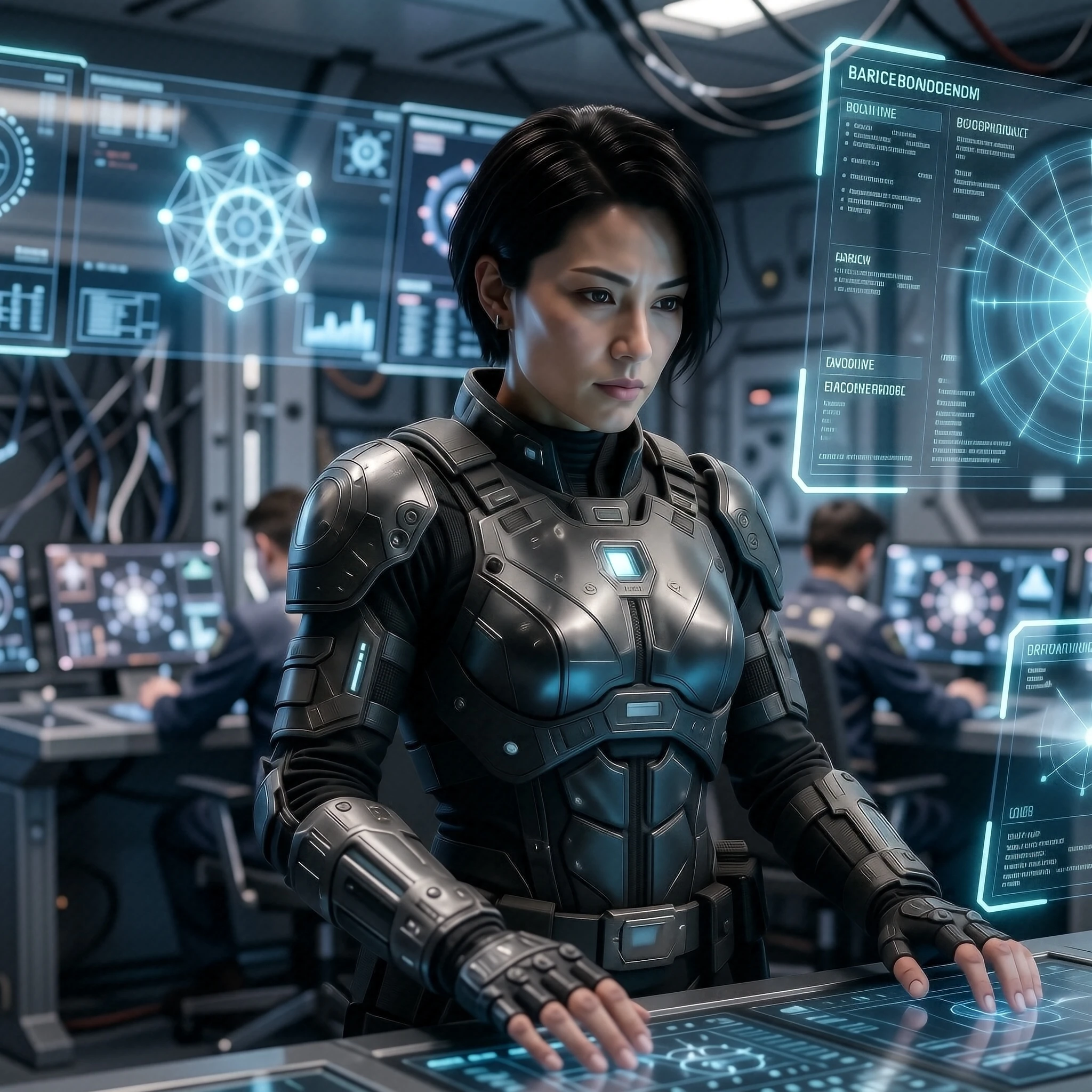 A calm female commander in futuristic tactical armor, standing in a holographic command room, short black hair, focused expression, subtle battle scars, cinematic lighting, realistic fabric and metal textures, highly detailed character design, medium shot