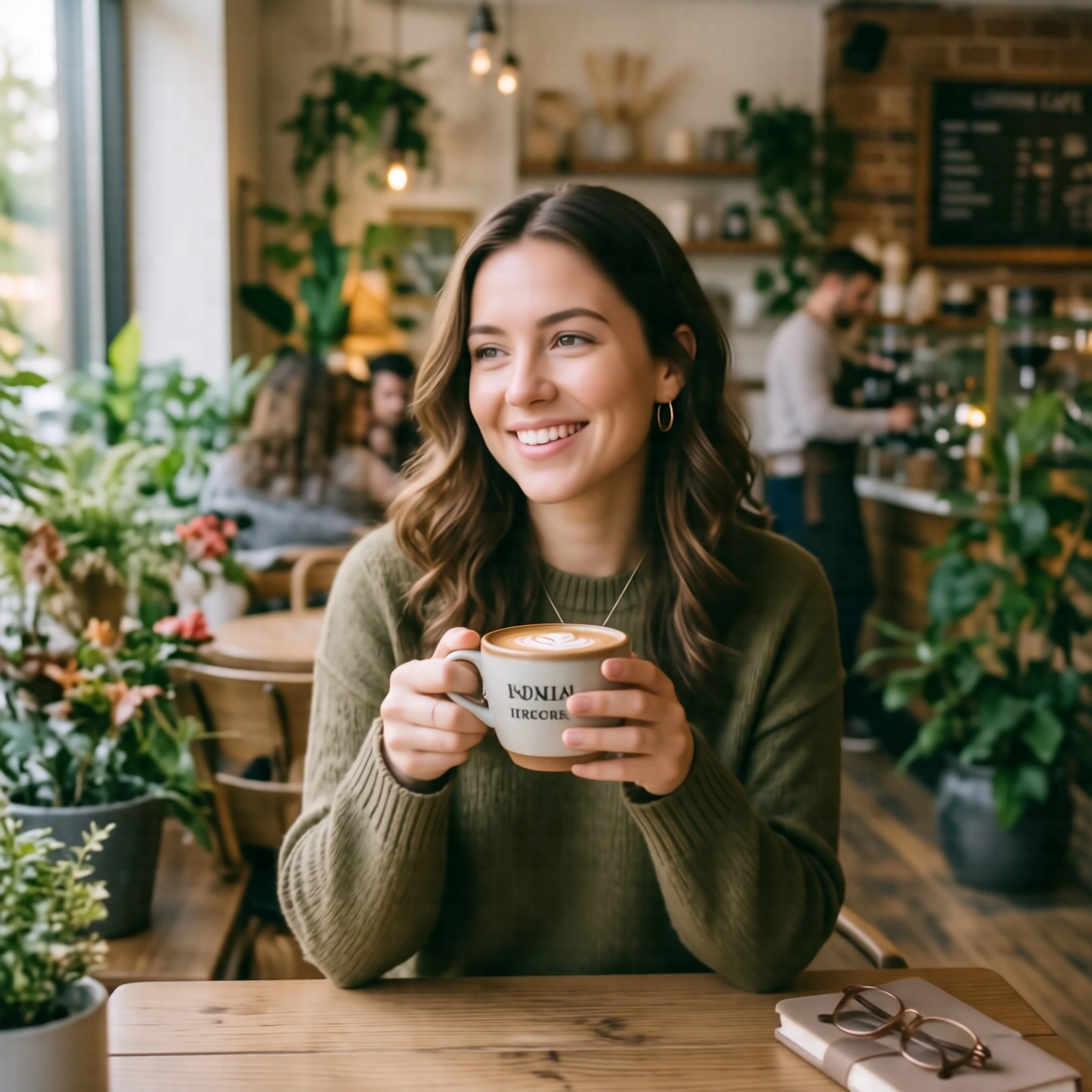 A warm lifestyle commercial portrait of a young woman holding a cup of coffee, relaxed natural smile, modern cafe environment, soft morning light, clean and cozy brand aesthetic, candid yet polished composition, photorealistic, highly detailed, premium lifestyle advertising style