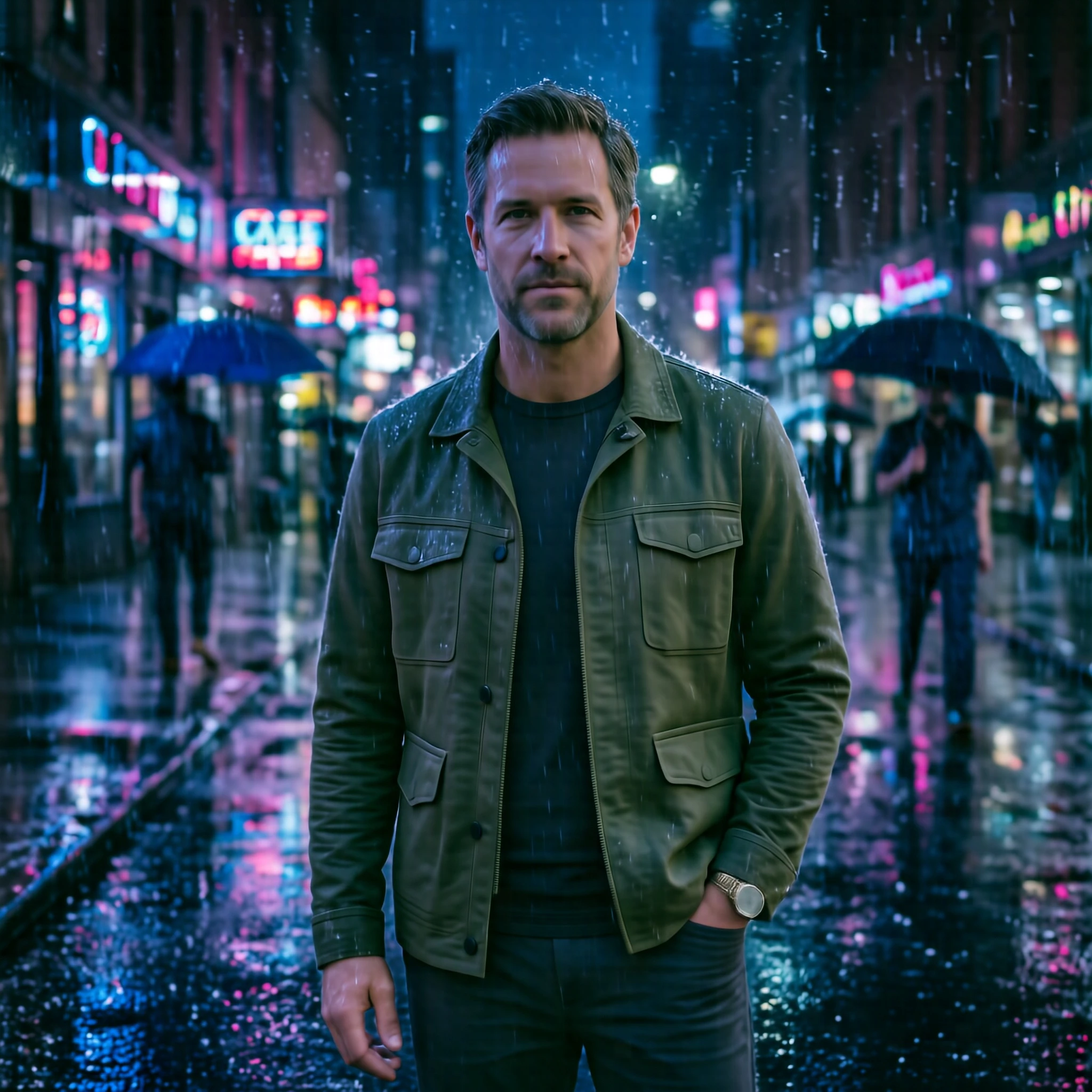 Transform the background into a rainy neon city street at night, with wet asphalt reflections, blurred neon signs, umbrellas in the distance, and cinematic blue-magenta lighting. Preserve the same man, face, pose, outfit, expression, and framing. Add realistic rain atmosphere and reflections without changing the subject identity. serious face.