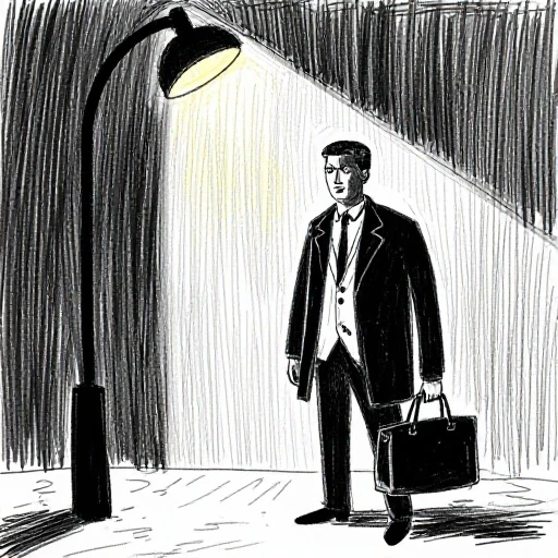 comic noir art style, a detective standing under a street lamp in the rain
