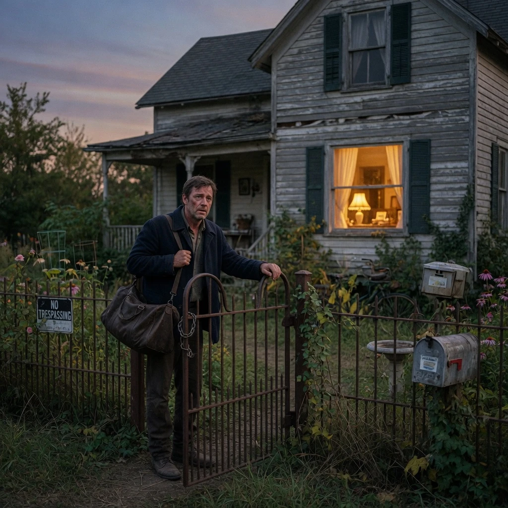 A cinematic drama still of an adult man standing outside an old family house at dusk, one warm window light glowing inside, overgrown garden, unopened gate, tired expression, long journey behind him, emotional homecoming, realistic film photography, soft natural light, atmospheric composition, ultra-detailed