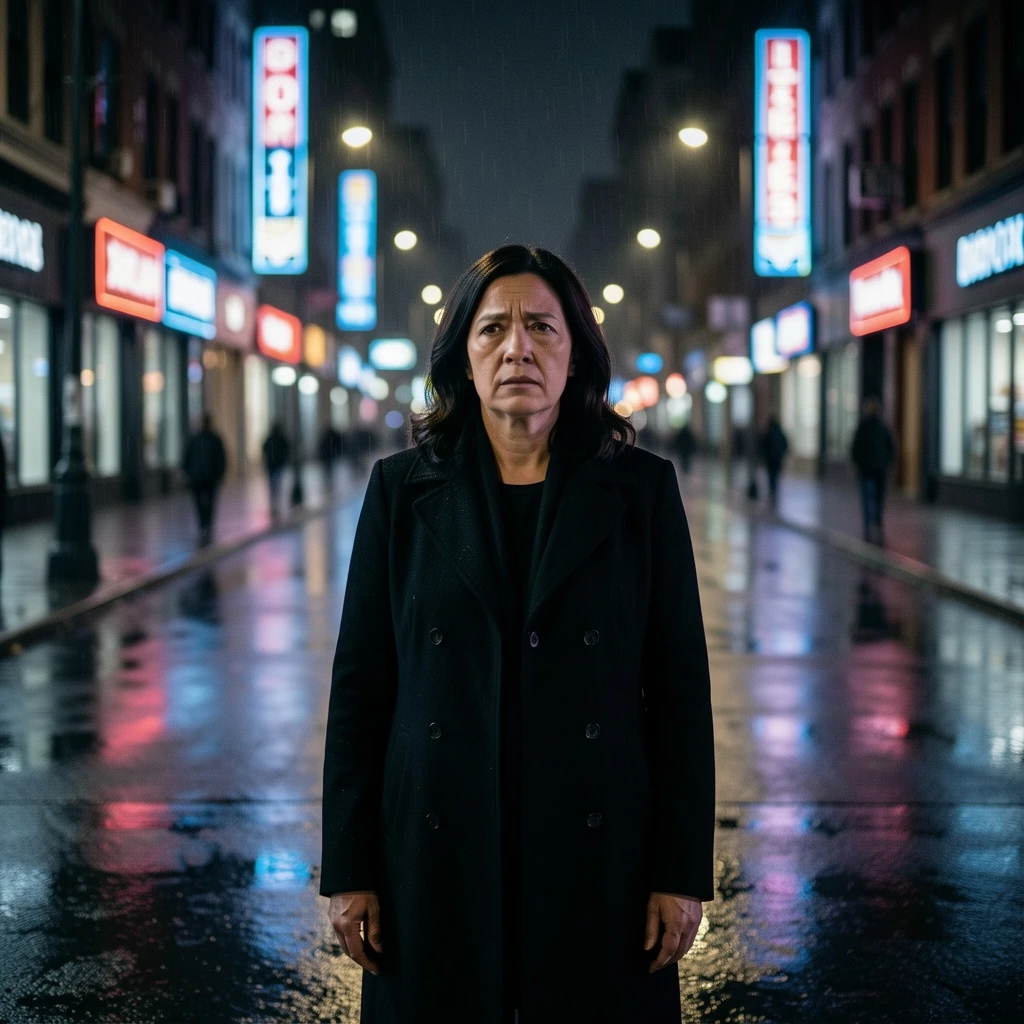 A cinematic portrait of an adult woman standing alone on a rainy city street at night, wet pavement reflecting neon lights, black coat, calm but emotional expression, soft bokeh background, realistic movie photography, shallow depth of field, moody lighting, ultra-detailed