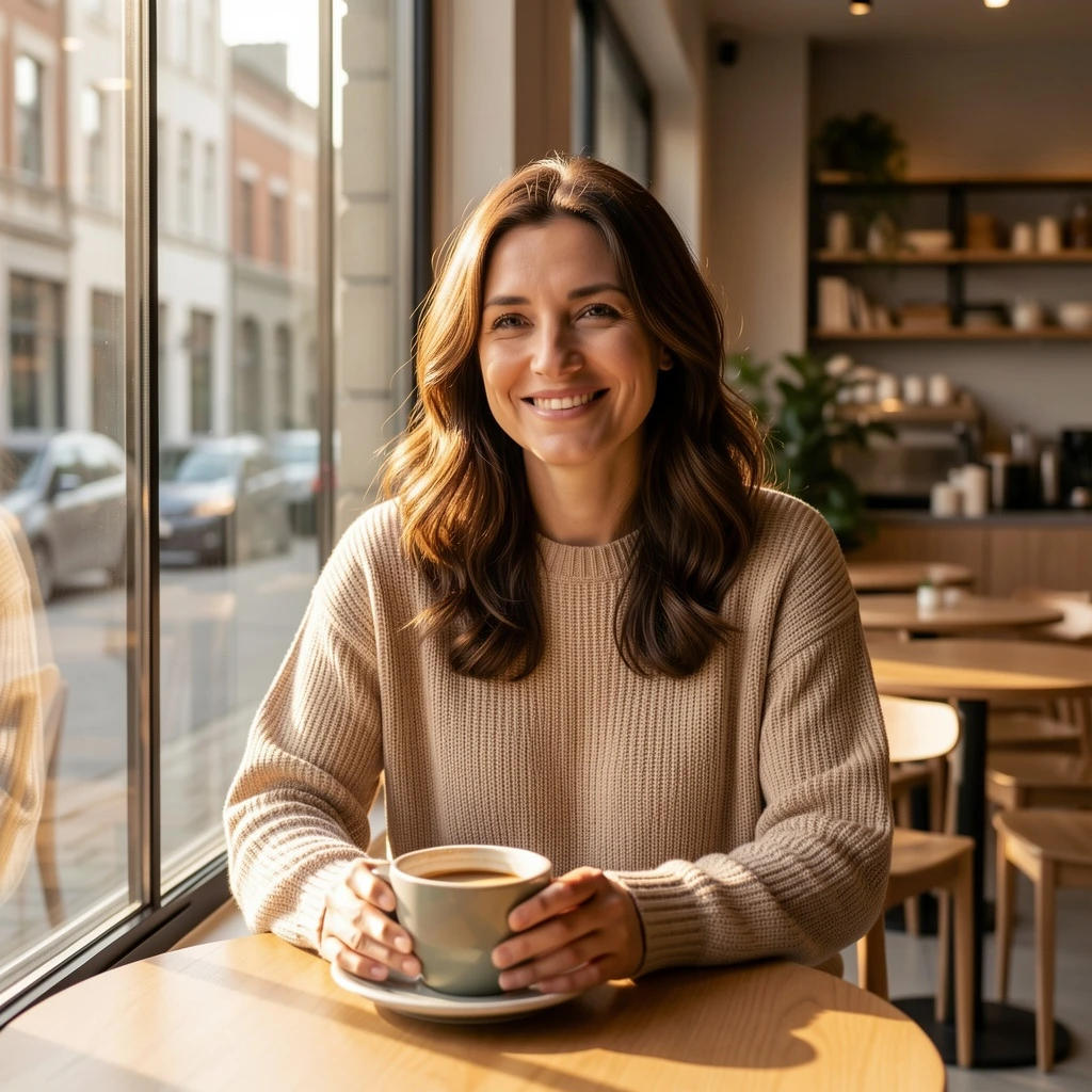 A warm lifestyle portrait of an adult woman sitting by a large cafe window in the morning, soft sunlight, coffee cup on the table, relaxed natural smile, cozy modern interior, shallow depth of field, premium editorial photography, photorealistic, highly detailed