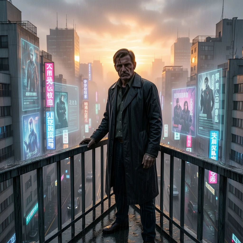 A cinematic cyberpunk noir still of a tired detective standing on a high balcony above a neon city at dawn, long dark coat, rain-soaked railing, holographic advertisements fading in the mist, sunrise breaking through smog, serious expression, realistic sci-fi film still, ultra-detailed