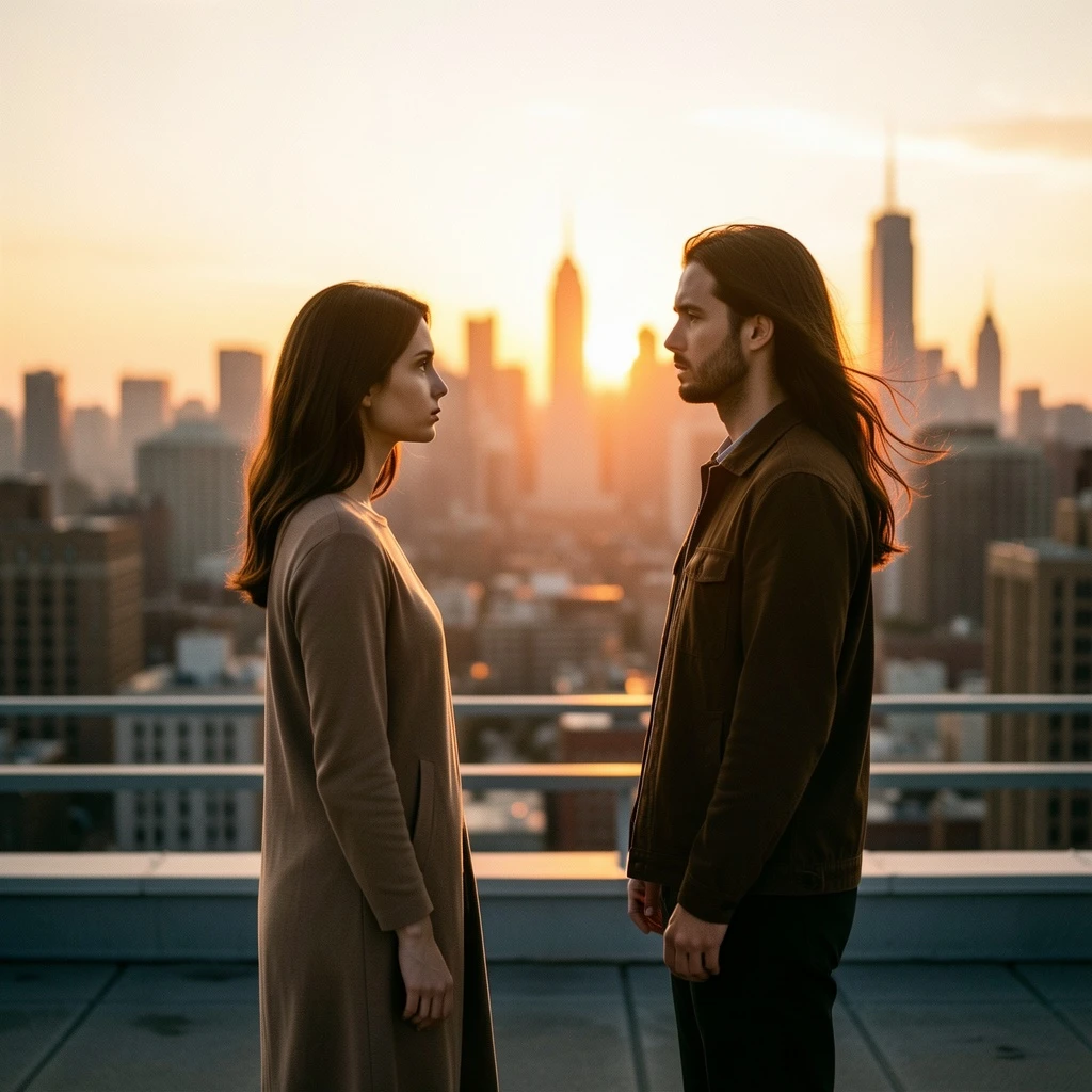 A cinematic romantic drama still of two adults standing apart on a rooftop at sunset, city skyline glowing behind them, one person looking away while the other waits silently, soft wind, warm golden light, emotional distance, realistic film photography, shallow depth of field, ultra-detailed